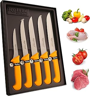 5-teiliges Metzger Messer Set – Profi-Fleischmesser aus rostfreiem Stahl mit ergonomischem Gelbgriff – Ausbein-, Stech- und Fleischmesser (130 mm – 230 mm)