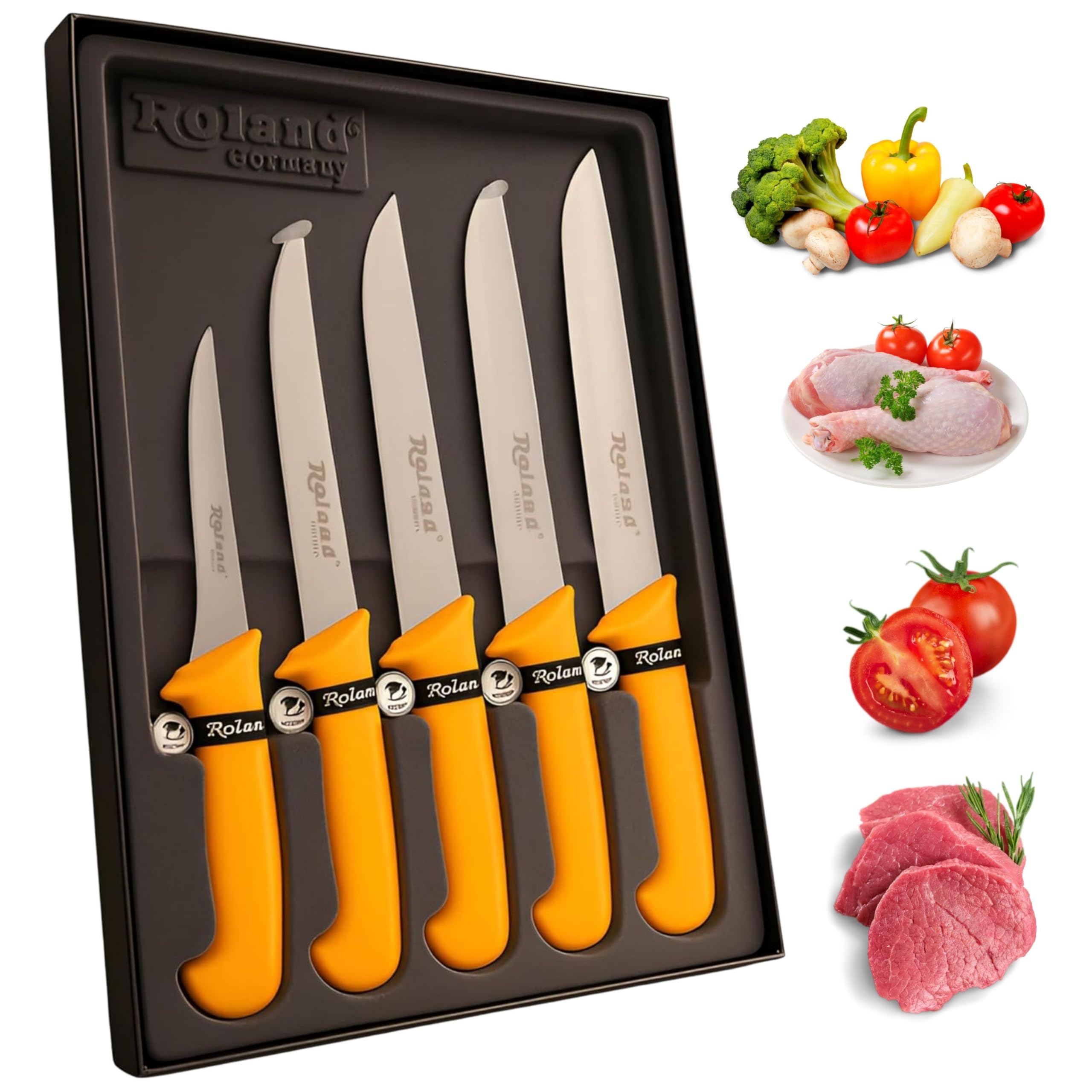 Roland Germany 5-teiliges Metzger Messer Set – Profi-Fleischmesser aus rostfreiem Stahl mit ergonomischem Gelbgriff – Ausbein-, Stech- und Fleischmesser (130 mm – 230 mm)