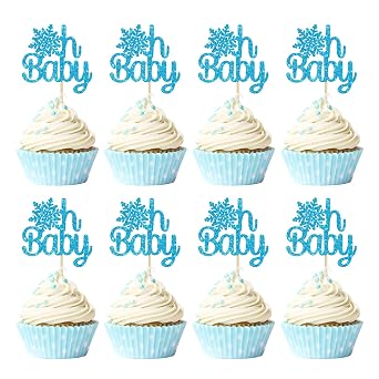 Gyufise 24 Pack Snowflake Oh Baby Cupcake Toppers Blue Glitter Winter Frozen Oh Baby Cupcake Pick Decorations for Winter Onederland Babyshower Birthday Boy Snowflake Party Decorations