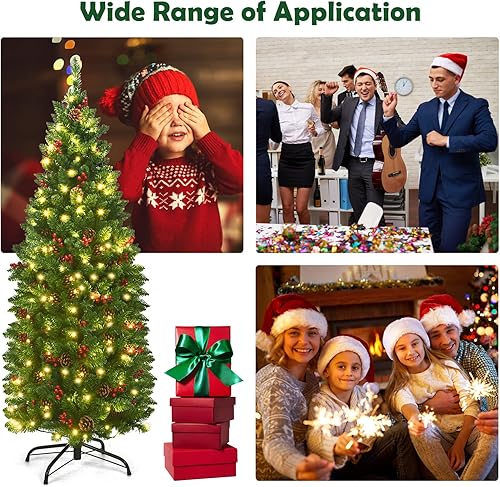 Miniatura 20 de Árbol de Navidad artificial preiluminado de 7.5 pies, árbol de Navidad delgado con 980 puntas de ramas de PVC, 350 luces LED, 75 conos de pino