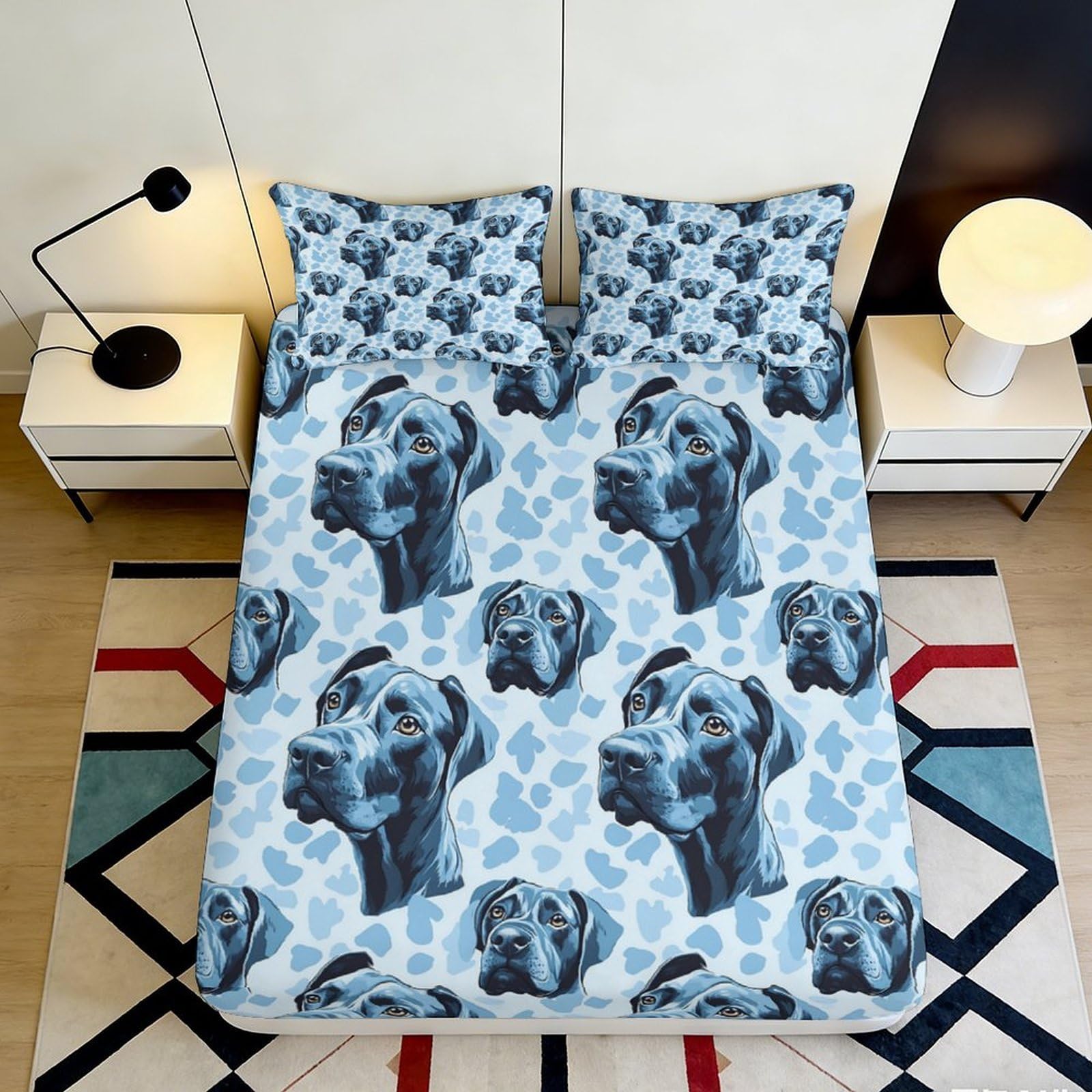 3D Printed Blue Dog Portrait Fitted Sheet Microfiber Soft Bed Cover for Bedroom Dorm Mattress Protection Decor 90x200x25cm