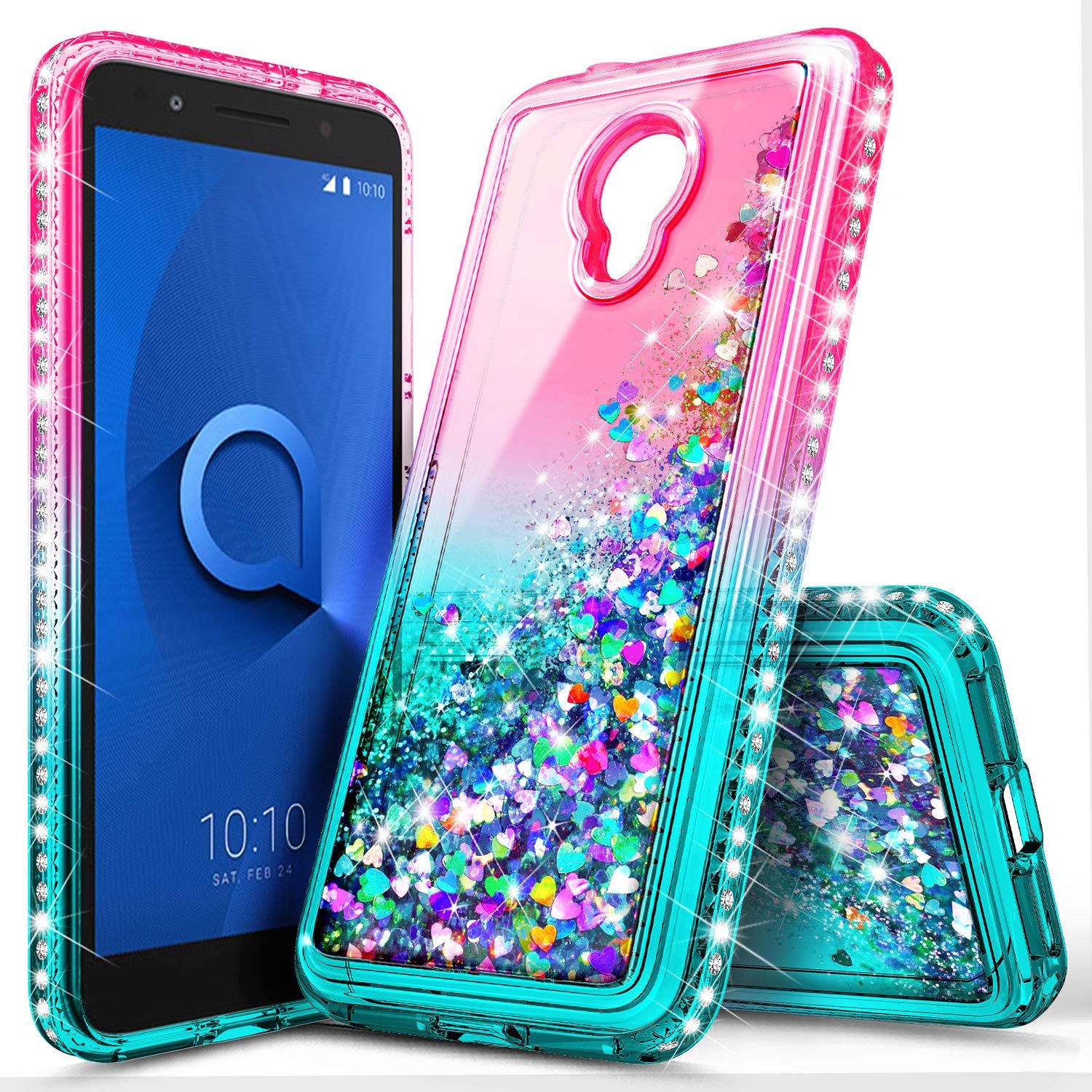 NageBee Alcatel IdealXcite Case (5044R), Verso/Raven LTE (A574BL) /CameoX (4G LTE) for Girls Kids Women, Glitter Liquid Sparkle Bling Floating Waterfall Cute Case -Pink/Aqua