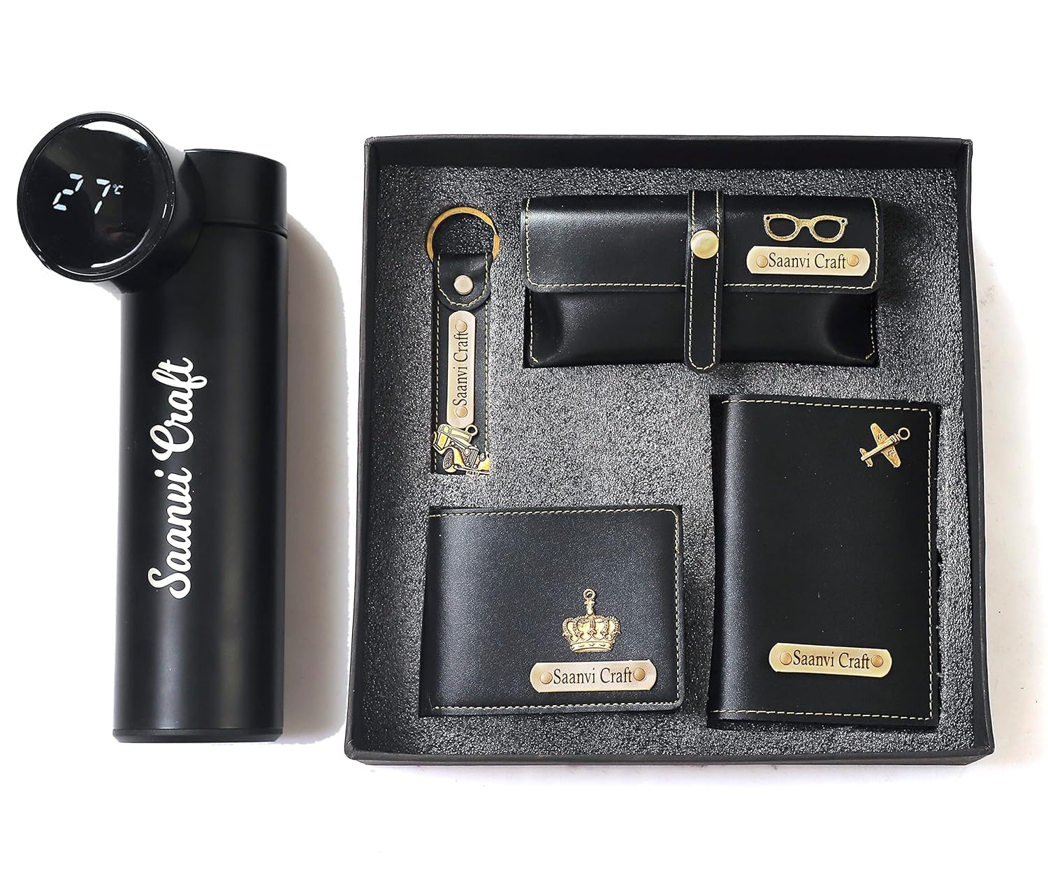 Dream Gift Glore Customized 5 in 1 Engraved 1 LED Flask Bottle, Passport Cover with Wallet, Eye Wear Case, and Metal Keychain Combo - Men's Combo Accessories, Personalised Gifts (Black)-image-3