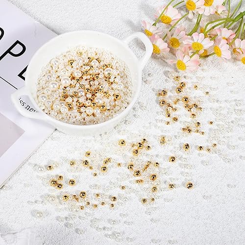 Miniatura 5 de Cuentas de latón chapadas en oro, cuentas de perlas para manualidades, perlas redondas blancas, cuentas espaciadoras sueltas, cuentas de metal