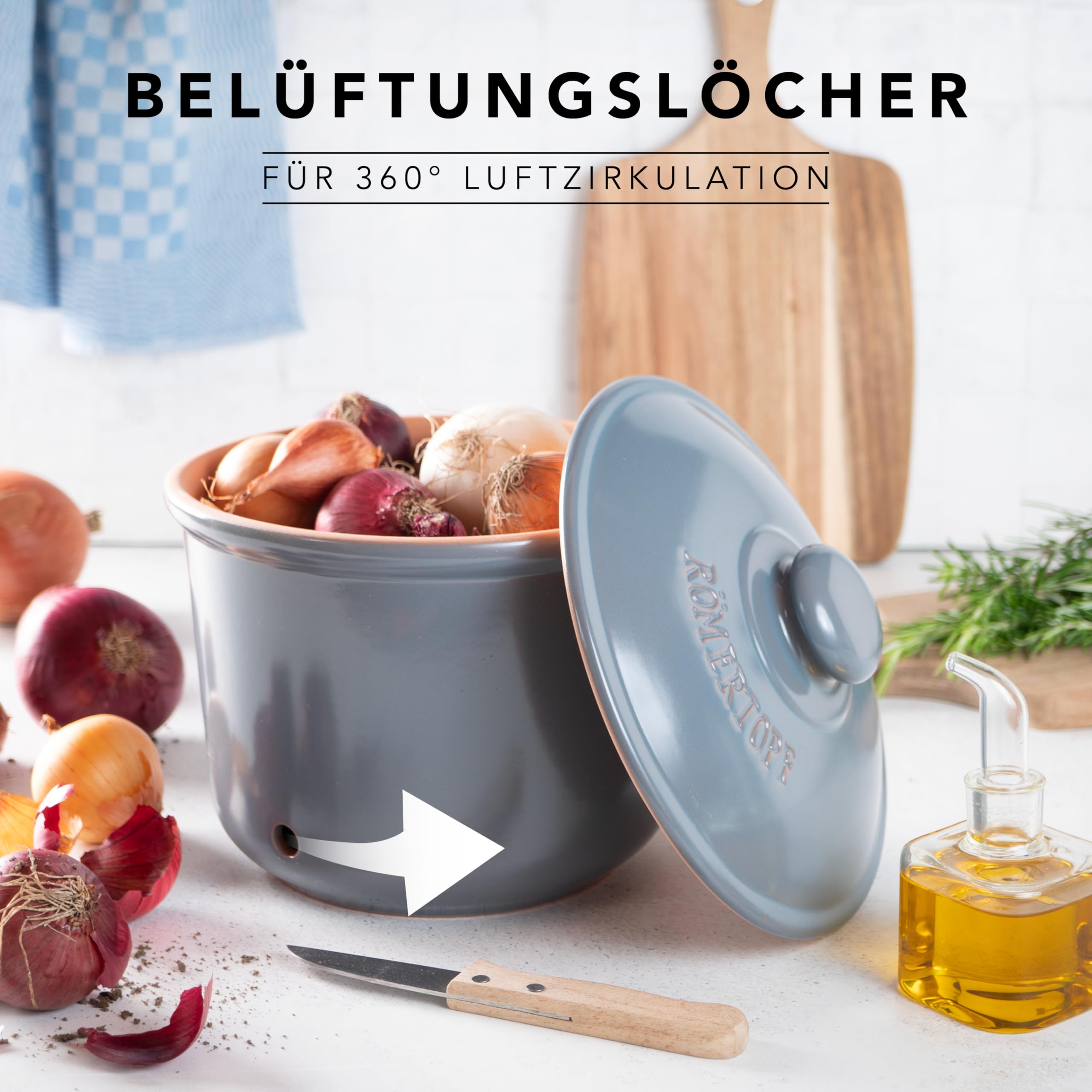 Römertopf MAXI – Olla de cerámica para cebollas y verduras, 2,8 L, transpirable y ventilada, base esmaltada, apta para lavavajillas, gris y azul