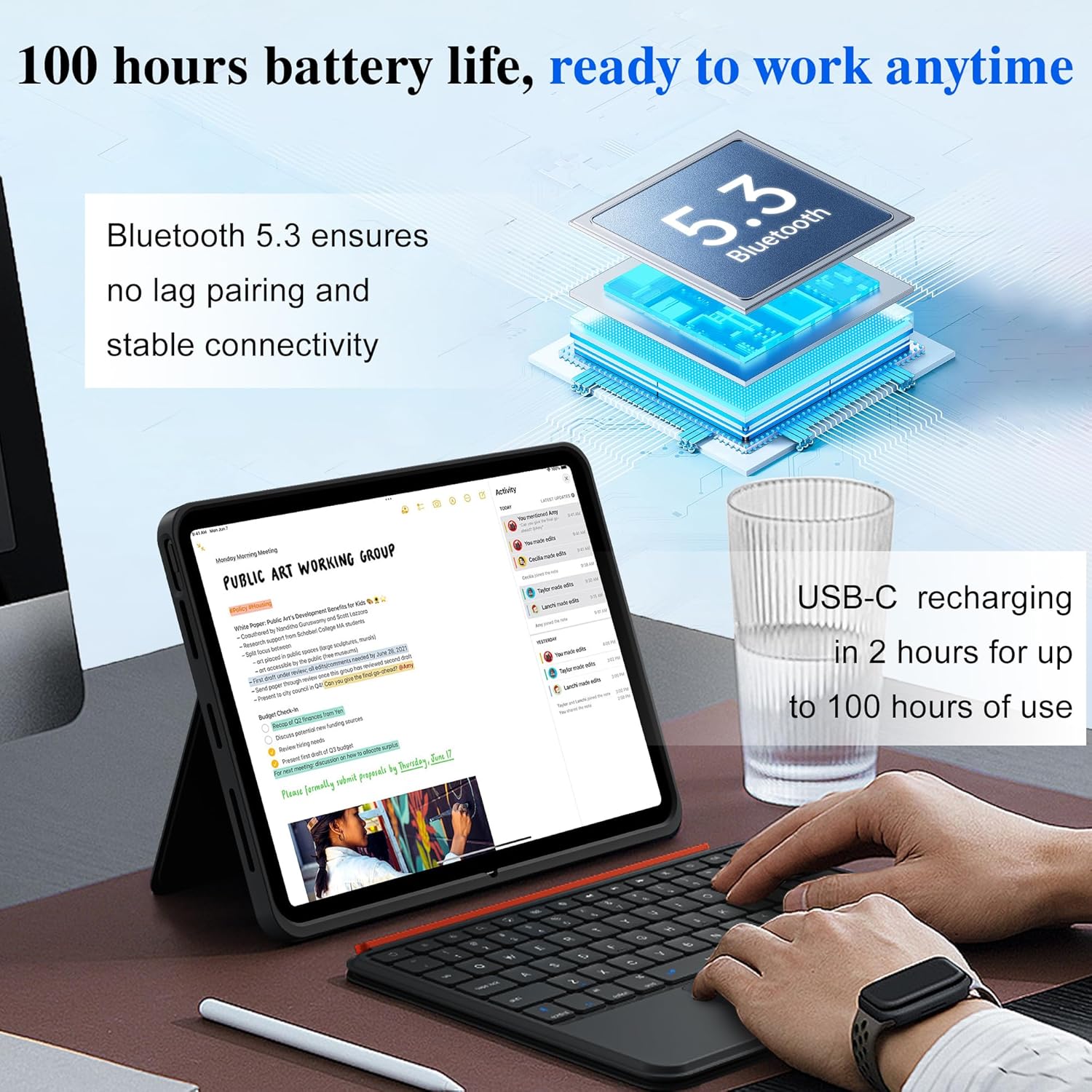 Image showing a person using the WIWU A16 keyboard case with an iPad, highlighting the Bluetooth 5.3 connectivity and USB-C charging for 100 hours of battery life.