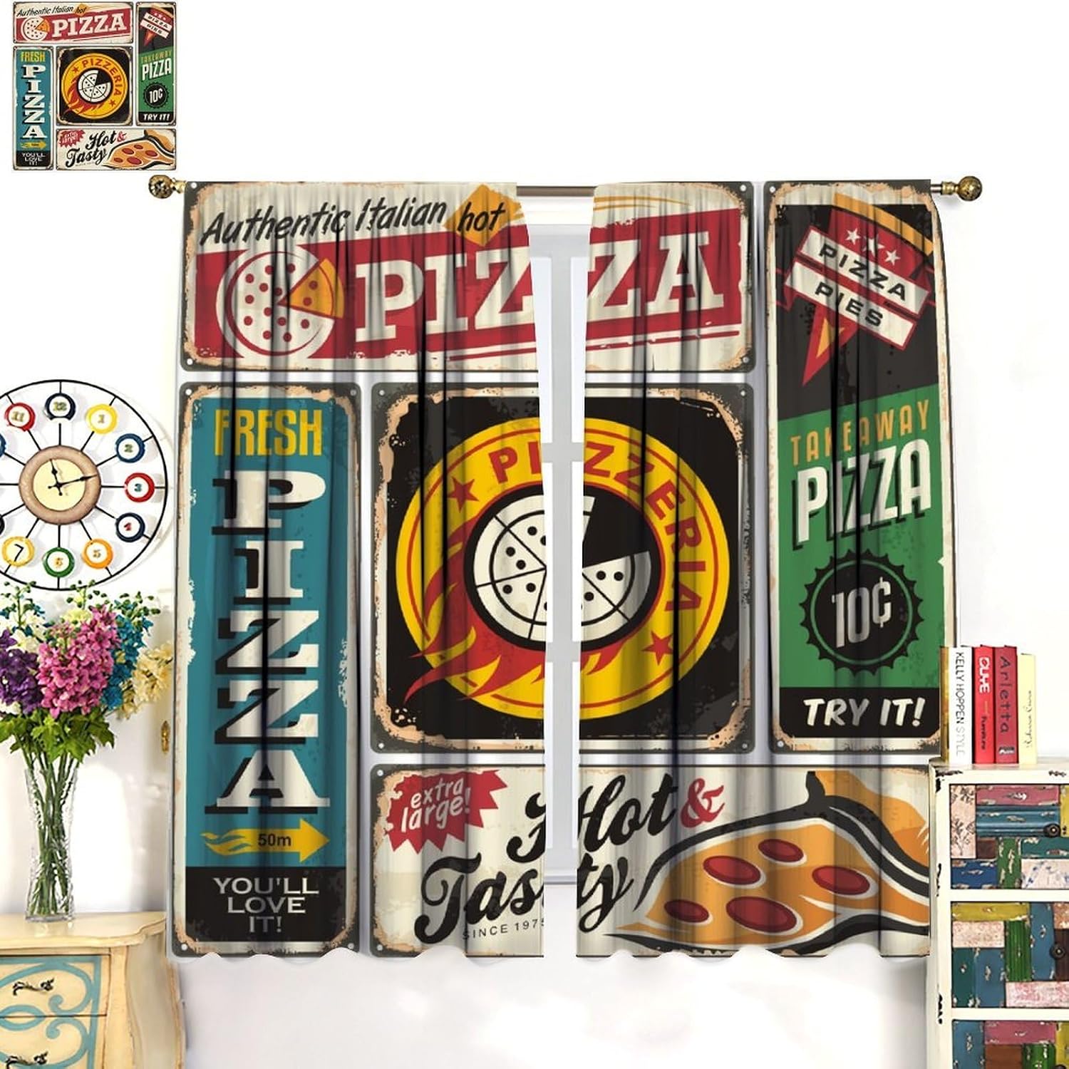 Pizza Retro Logo Curtains Kitchen Fast Food Restaurant Posters Curtain with Rod Pocket for Bedroom Living Room Home Decor Drapes Window Treatments 2 Panels Set 42" W X 45" L