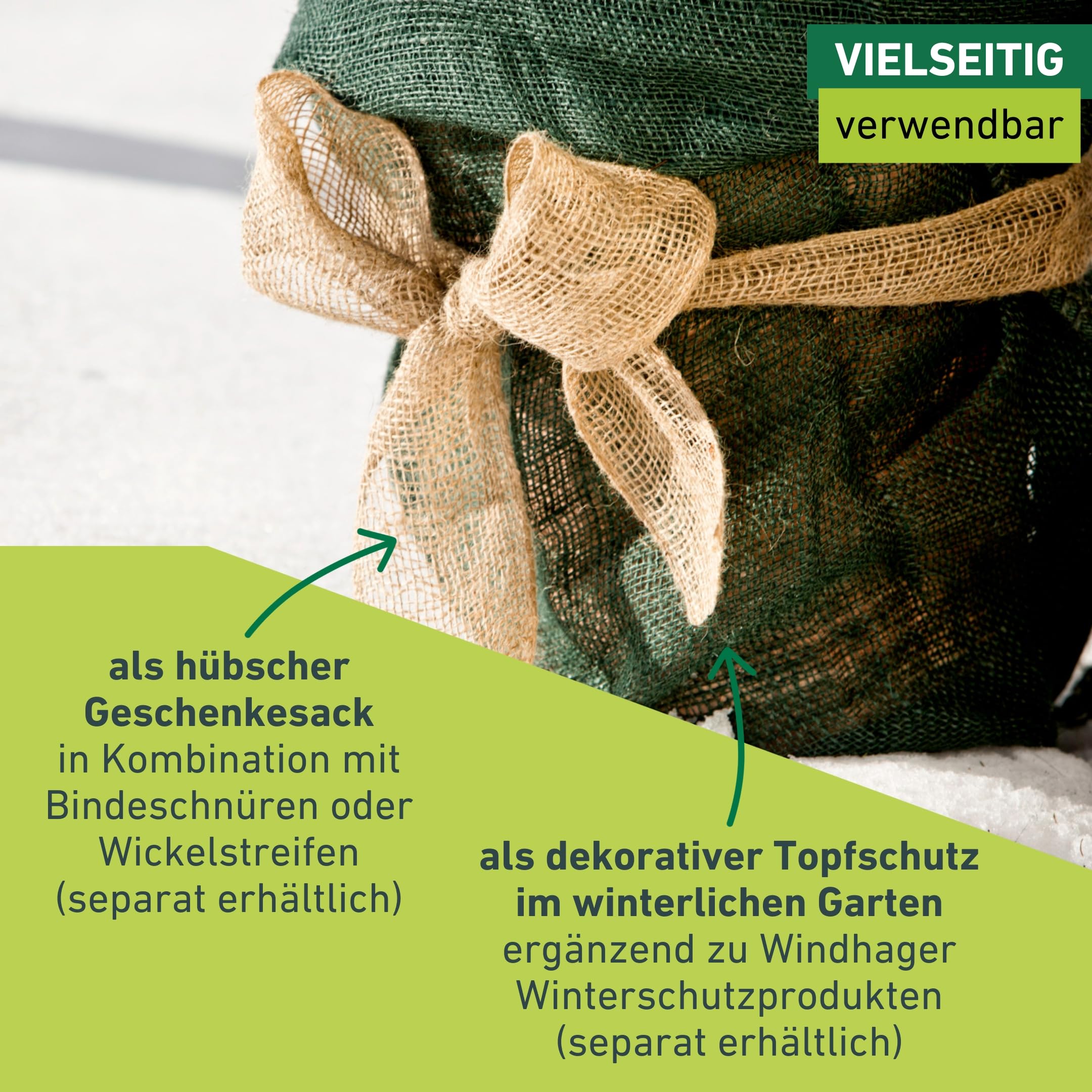 Windhager Ekologiczna juta, materiał, worek na ziemniaki, worek dekoracyjny, wielofunkcyjny worek jutowy, ochrona przed zimą, do roślin doniczkowych i doniczkowych, zielony, 70 x 100 cm, 06071