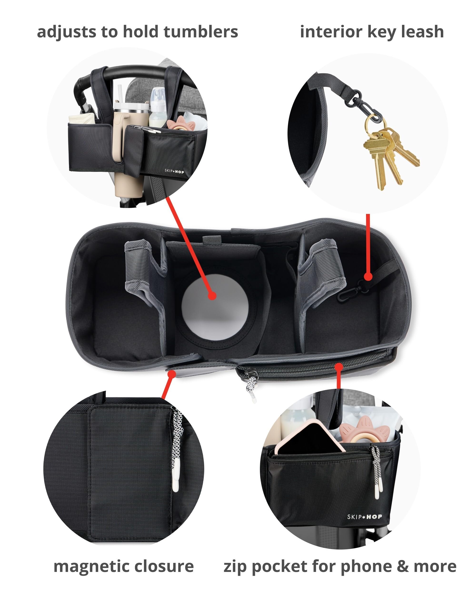 Skip Hop Organizer universale per passeggino, con cinghie regolabili, alette magnetiche e design convertibile che si adatta a bicchieri da 1,18 l, avena