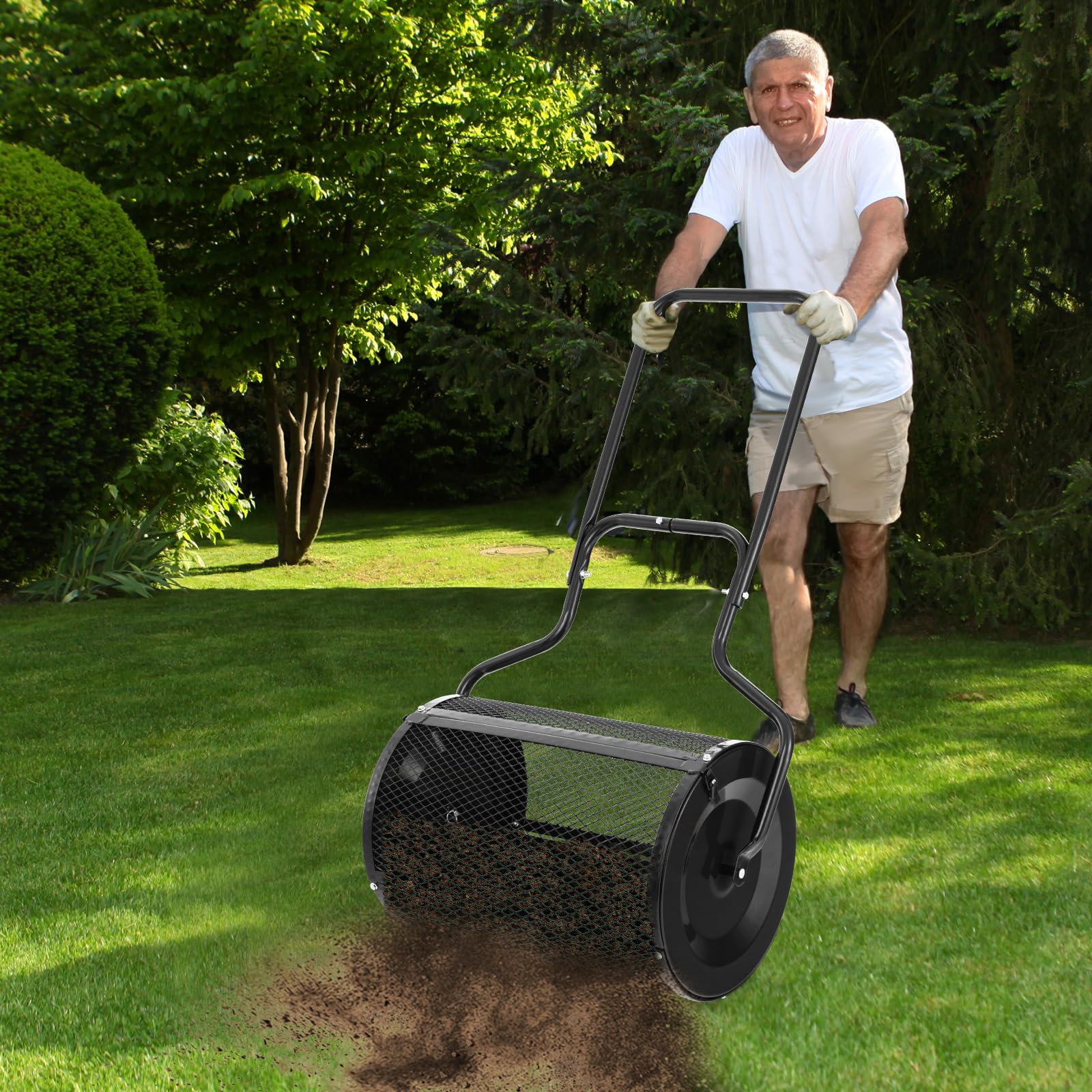 COSTWAY Spandiconcime a Rullo, Rullo da Giardino con Impugnatura Pratica Chiusure Laterali e Rete in Metallo per Concimazione e Semina, Spandiconcime per Prato e Giardino (41 x 60 cm Nero)