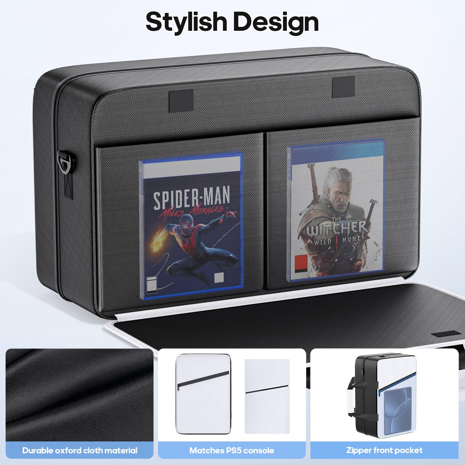 Gersker Bolsa de Viaje para PS5/Slim/Pro Digital & Disc, Funda de Transporte para PS5 de 10 Compartimentos para PS Portal, 4 Tarjetas de Juego, 2 Mandos, Bolsa PS5 de Gran Capacidad, Negro & Blanco