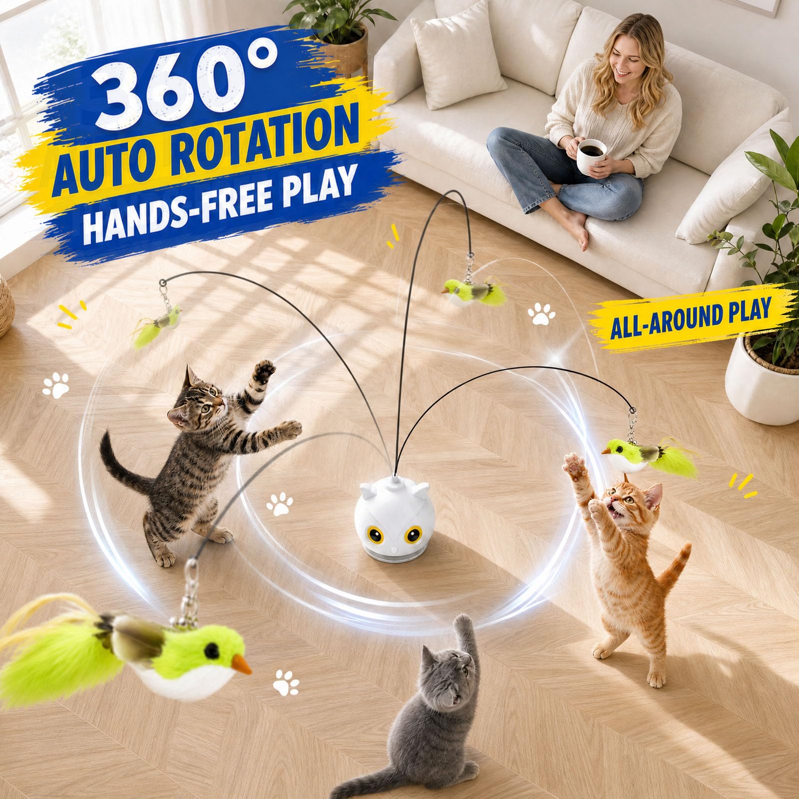 Jouets interactifs pour chats d'intérieur – Jouet automatique en plumes d'oiseau volant avec base d'aspiration adhésive, rechargeable par USB à 360 °, jouet auto-jeu pour chats ennuyeux