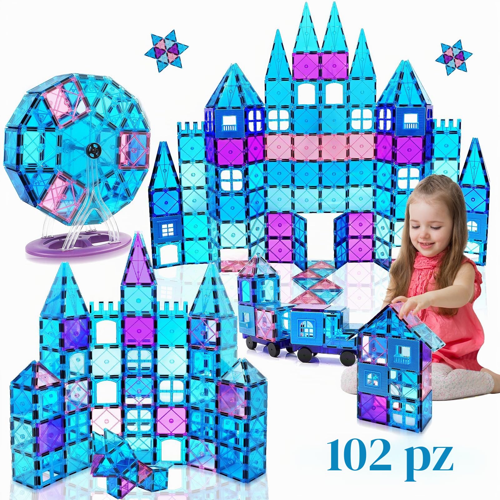 Costruzioni Magnetiche 102 Pezzi Giochi Costruzioni per bambini 2 3 4 anni Educativo Blocchi Magneti Bambini Giocattoli con Ruota Panoramica/2Auto STEM Regalo Bambino 2-4Anni Ragazzi Compleanno Natale