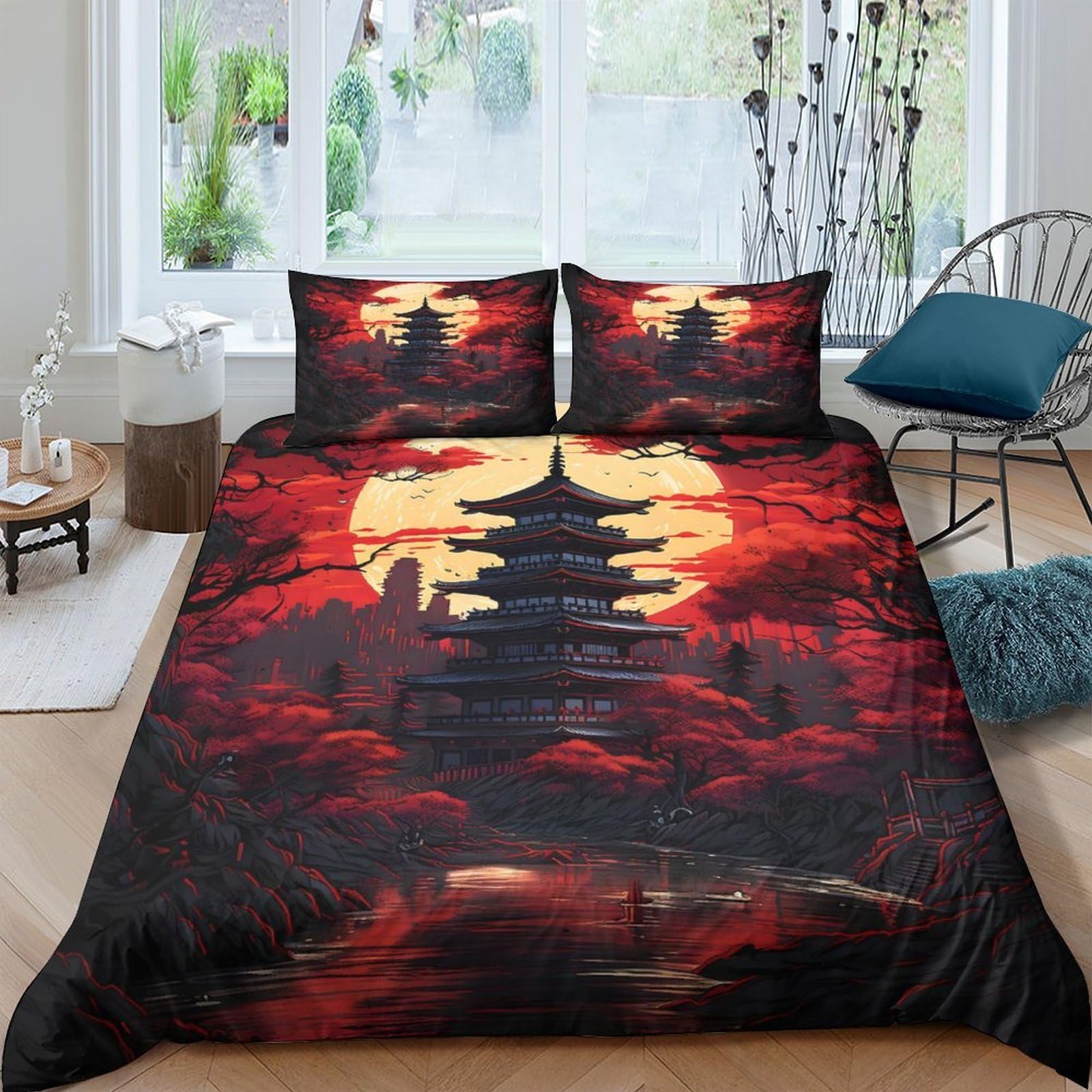 Ctjqhvkz Style-10 3D Printed Sunset Pagoda Fitted Sheet Microfiber Asian Landscape Bed Cover For Bedroom Guest Room Decor Protection Single（135X200cm）