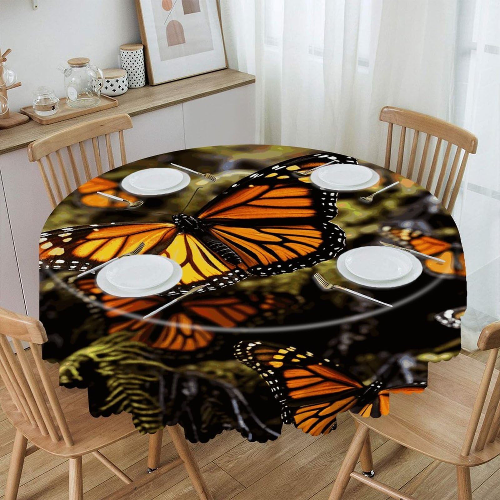 Btcowzrv Style Heaps Of Orange Monarch Butterflies Polyester Round Tablecloth 59.84 Inch, Decorative Washable Table Cover, Table Cloth For Restaurant Picnic Indoor And Outdoor Dining