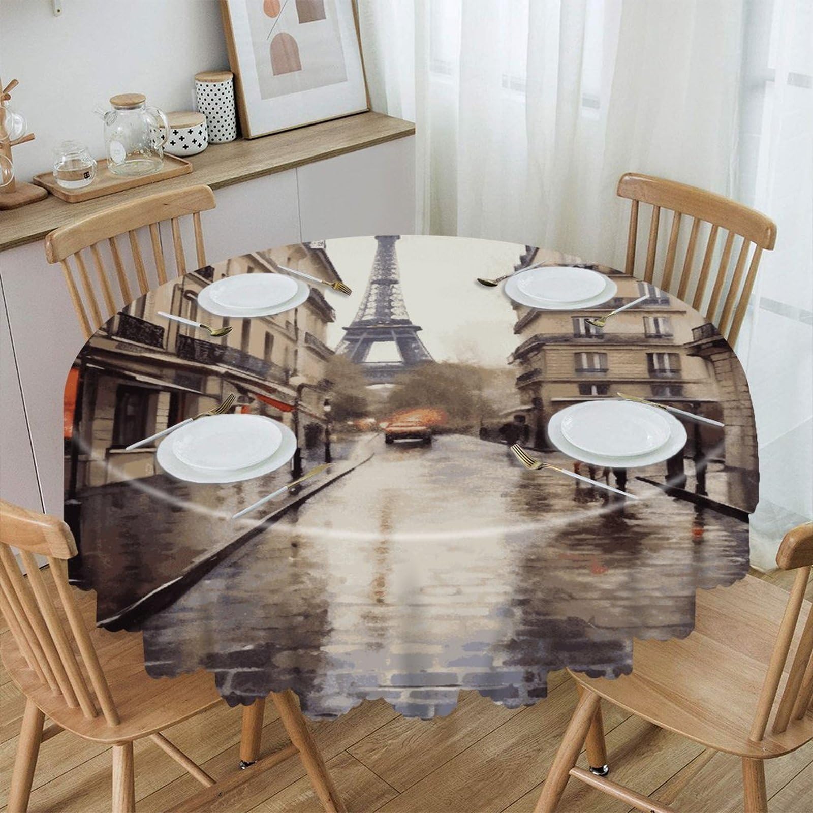FekiLoot Rainy Street in Paris Round Tablecloth Waterproof Spill-Proof Wipeable Table Cloth Wrinkle Free Circle Dining Table Cover for Dining Kitchen Wedding Parties Machine Washable
