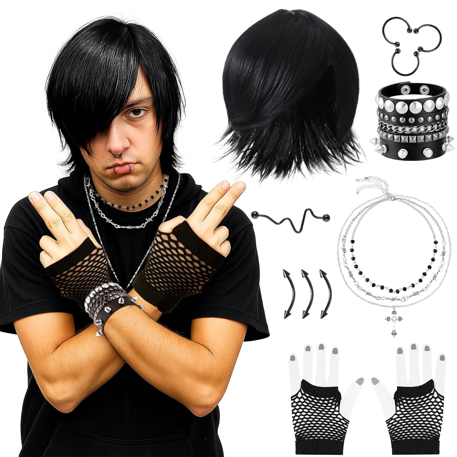 13 Pcs Emo Costume Set for Punk Men 2000s Goth Accessories Include Black Wig Fake Piercings Checkered Wristbands Studded Bracelet Cross Necklace for Halloween Cosplay