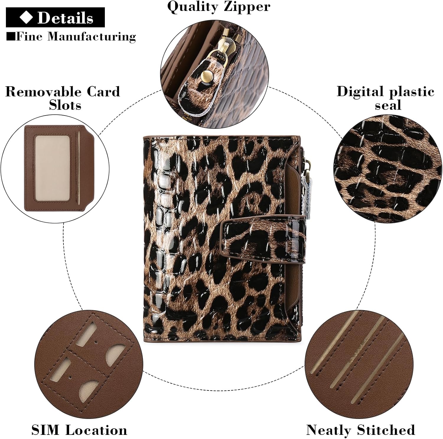 GOIACII Leather Women's Wallet RFID Blocking Credit Card Holder Leopard | Compact, Small, Trifold Billfold with Zipper Coin Pocket, 4 ID Windows
