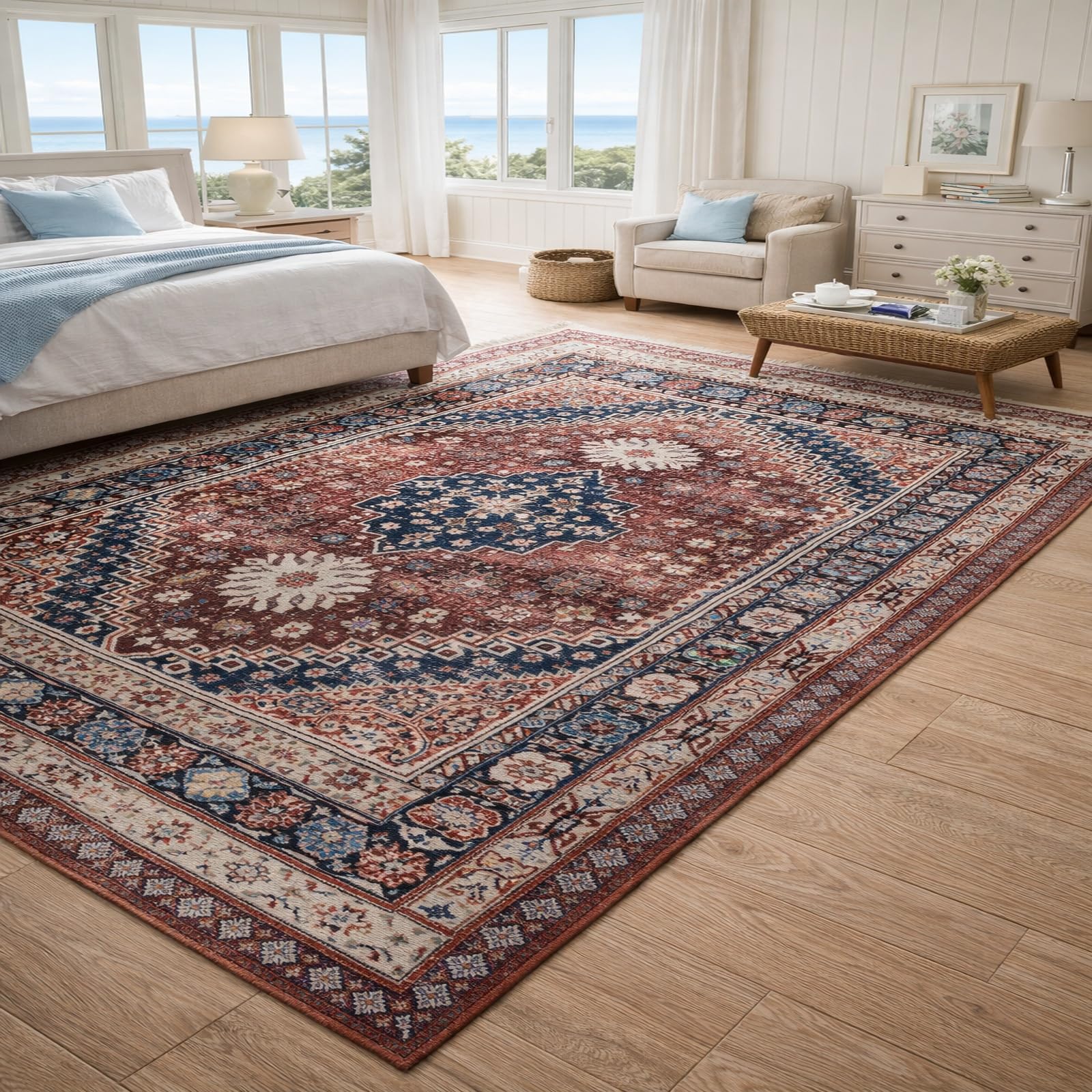 Tapis vintage géométrique rouge et bleu carré 150x150 cm pour salon