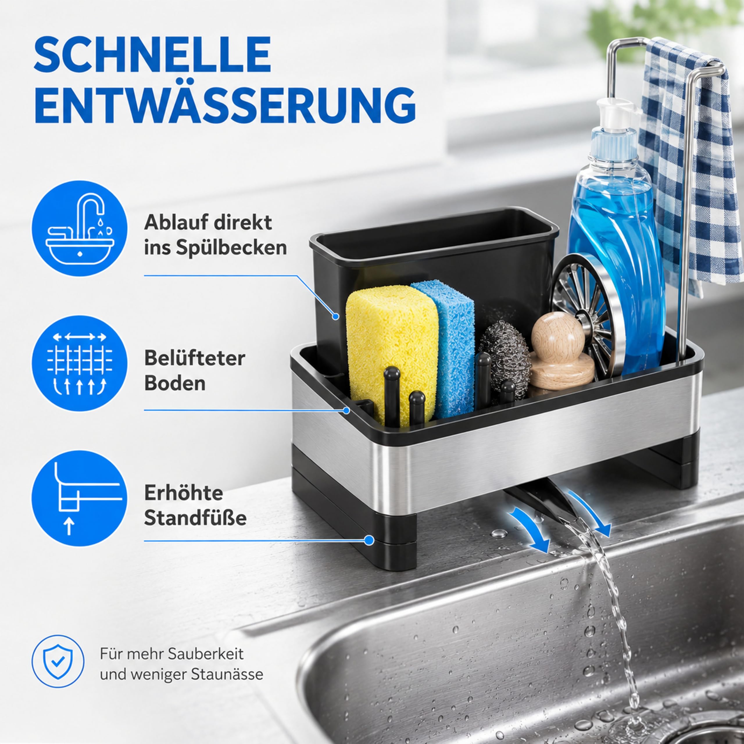 URMONA Spülbecken-Organizer Edelstahl mit Ablaufwanne und Spültuchhalter | Schwammhalter Küche, Spülmittelhalter und Bürstenablage, Küchenutensilien Aufbewahrung, Ordnung für die Arbeitsplatte, Grau
