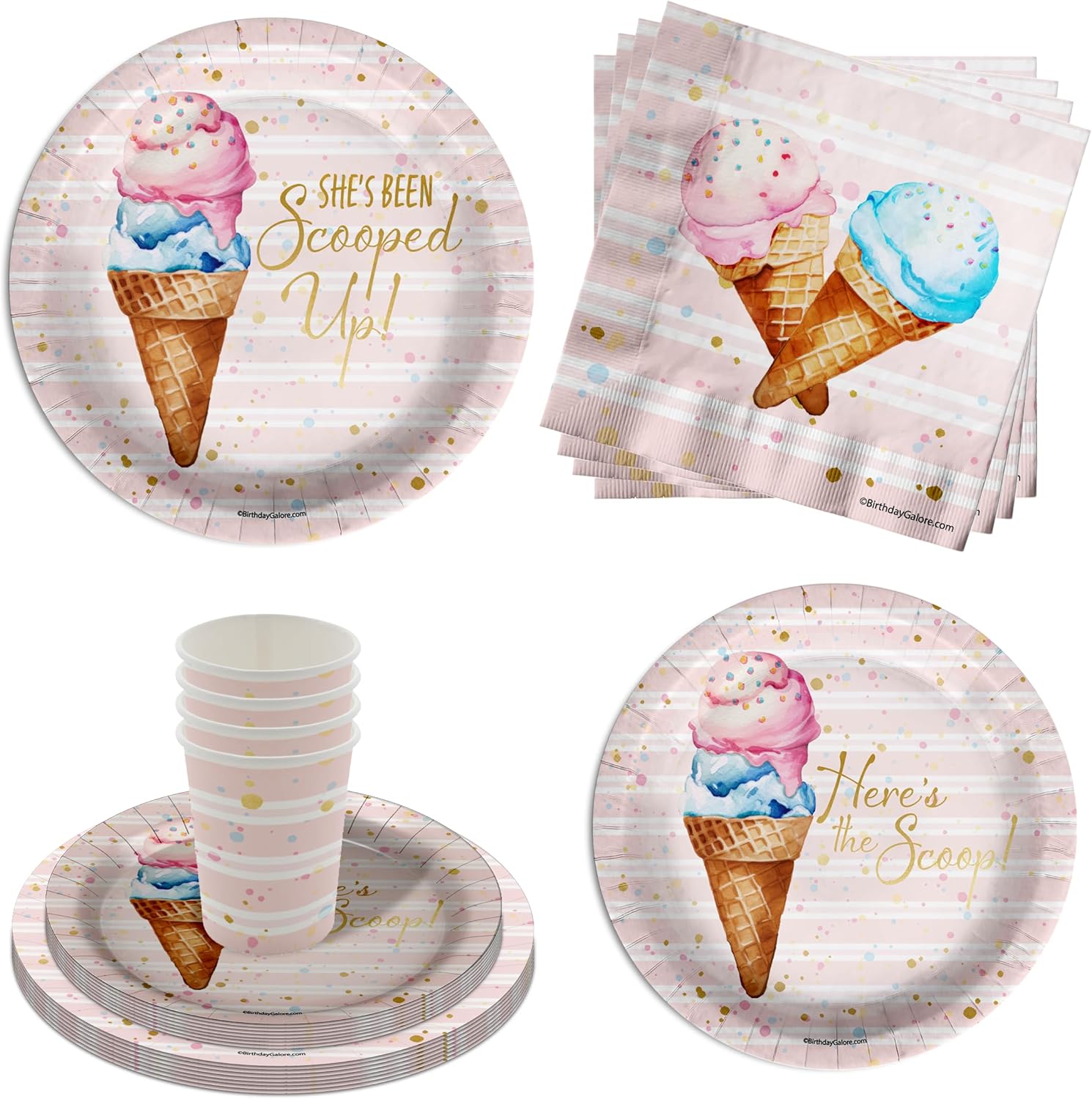 She's Been Scooped Up Ice Cream Bridal Shower Party Supplies - 64 Piece Summer Bridal Shower Tableware Set Includes Large 9" Dinner Plates and 8" Dessert Paper Plates Napkins Cups - Kit for 16