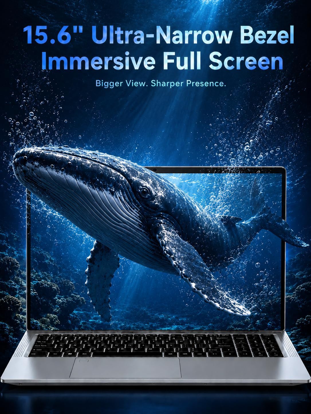 The FUNYET NY-19 laptop displaying a large whale swimming underwater, highlighting the 15.6-inch ultra-narrow bezel immersive full screen.