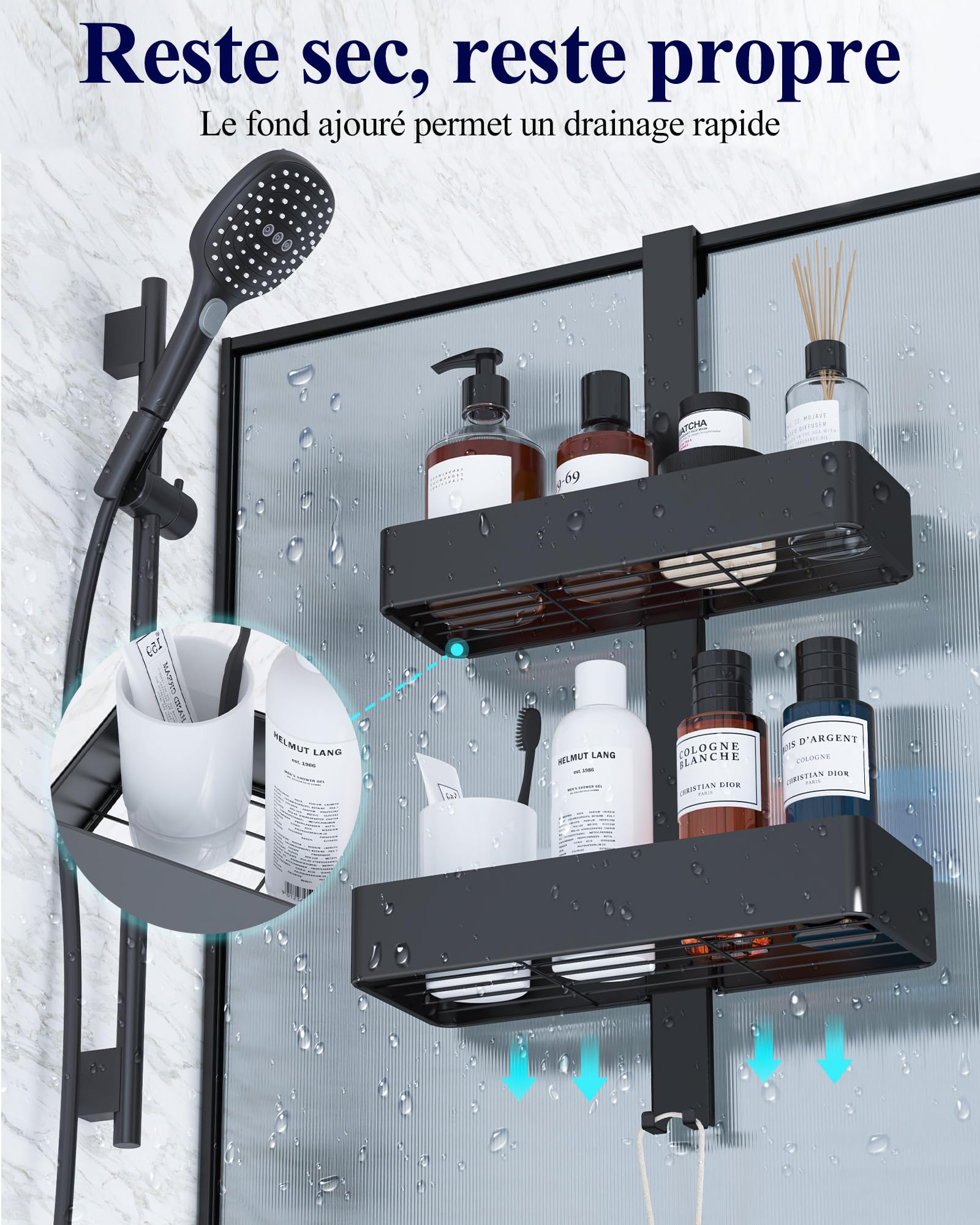 Kitsure Étagère Douche Suspendue 2 Niveaux sans Perçage Antirouille Rangement Salle de Bain Noir 29,1 x 11,2 x 55,3 cm