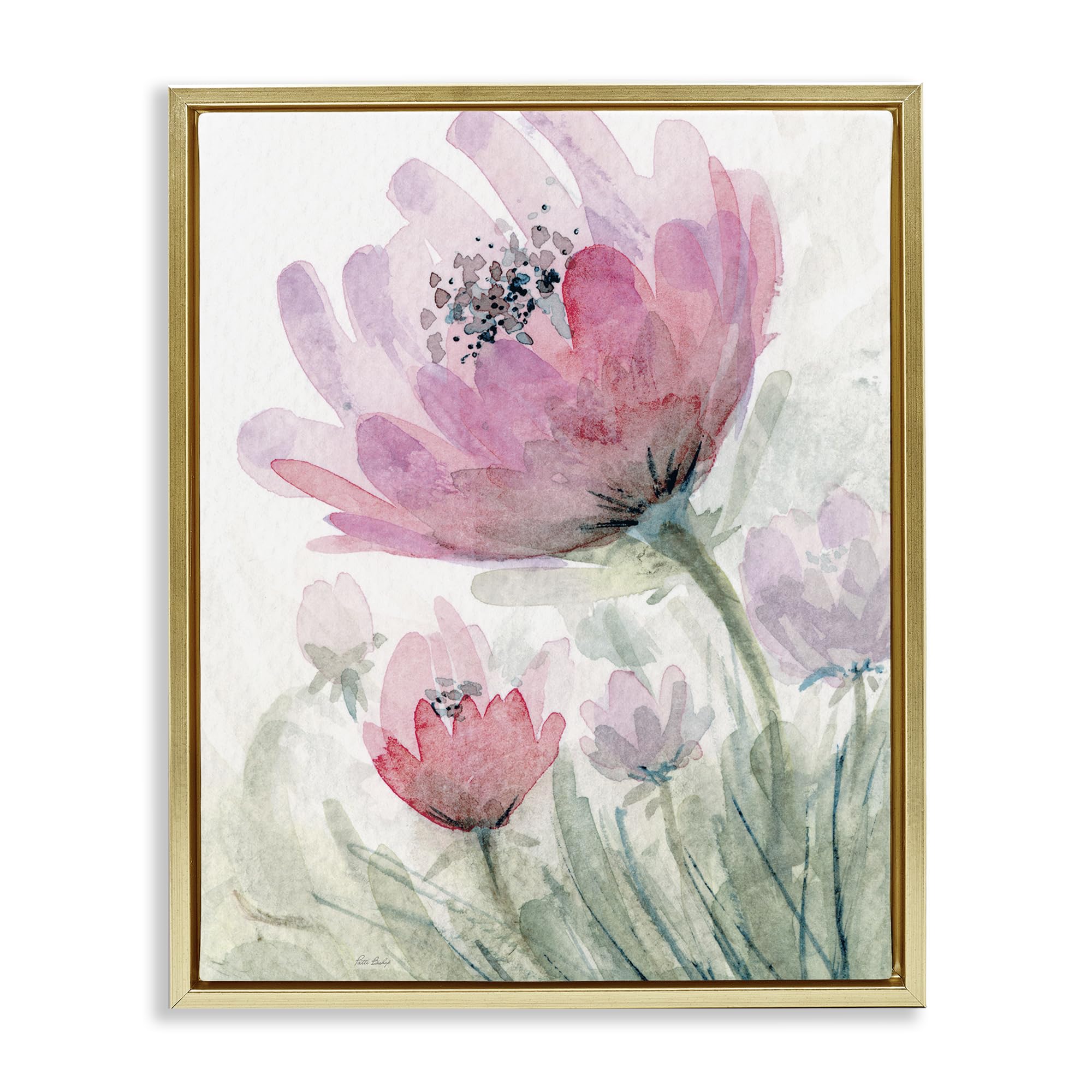 Stupell Industries Metallic Gold (Matte) 'Pink Flower Blossoms'| Floating Frame Canvas Art