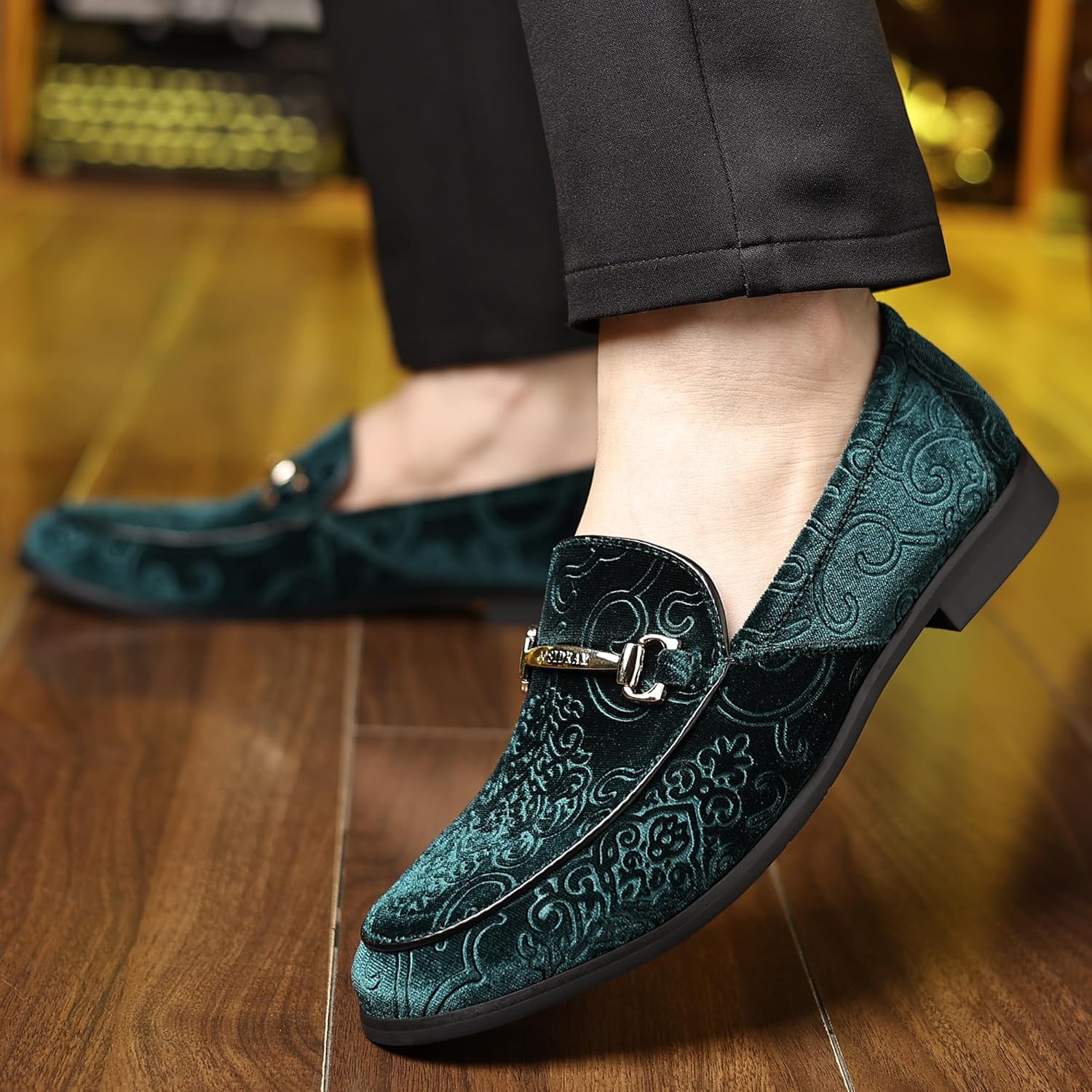 COSIDRAM Men's Velvet Penny Loafers Luxury Vintage Jacquard Pattern Classic Gold Buckle Party Prom Dress Shoes - Image 3