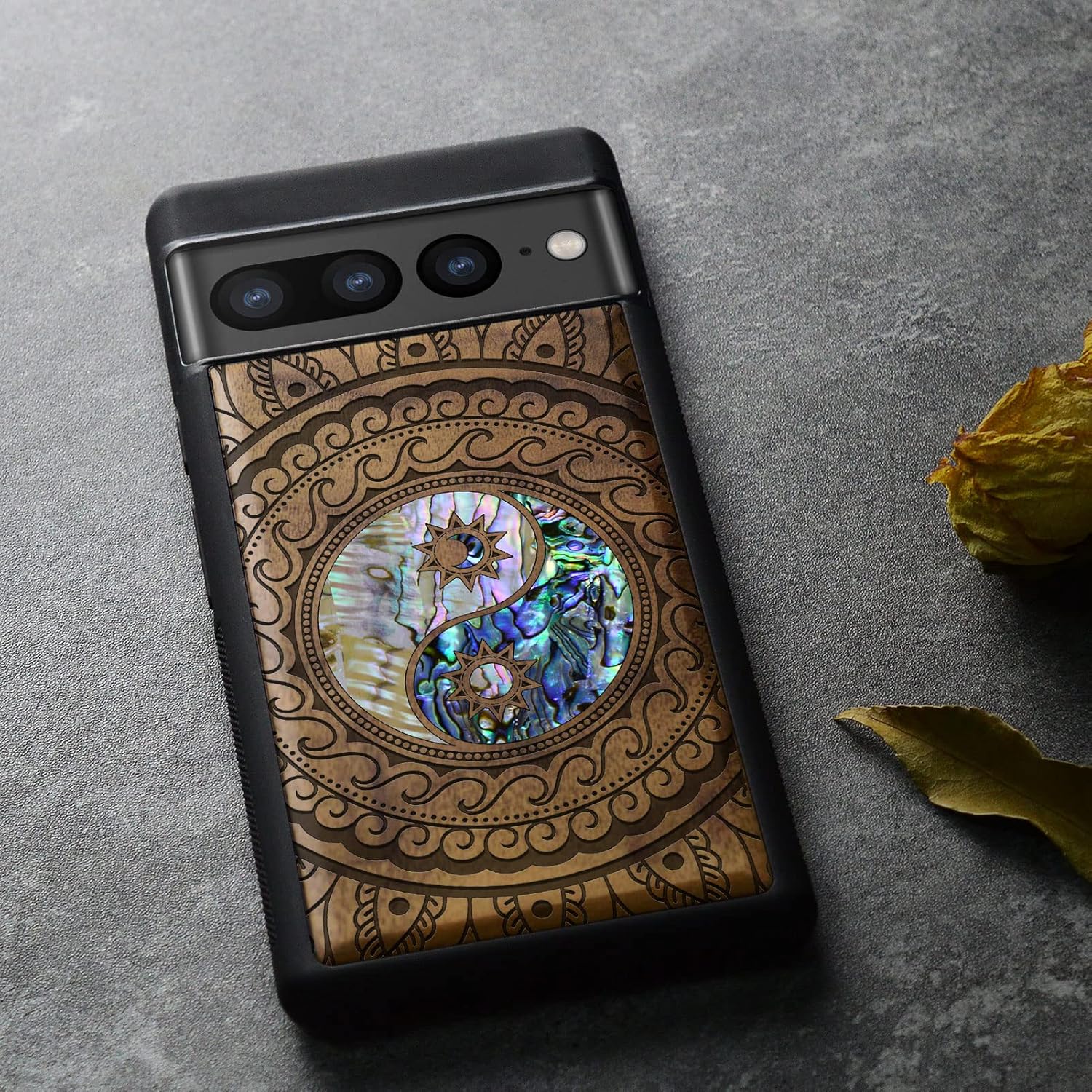 Carveit Designer Wooden Case for Google Pixel 7 Pro Case [Wood Engraving & Shell Inlay] Compatible with Wireless Chargers Pixel 7 Pro (Yin Yang Paisley-Walnut)