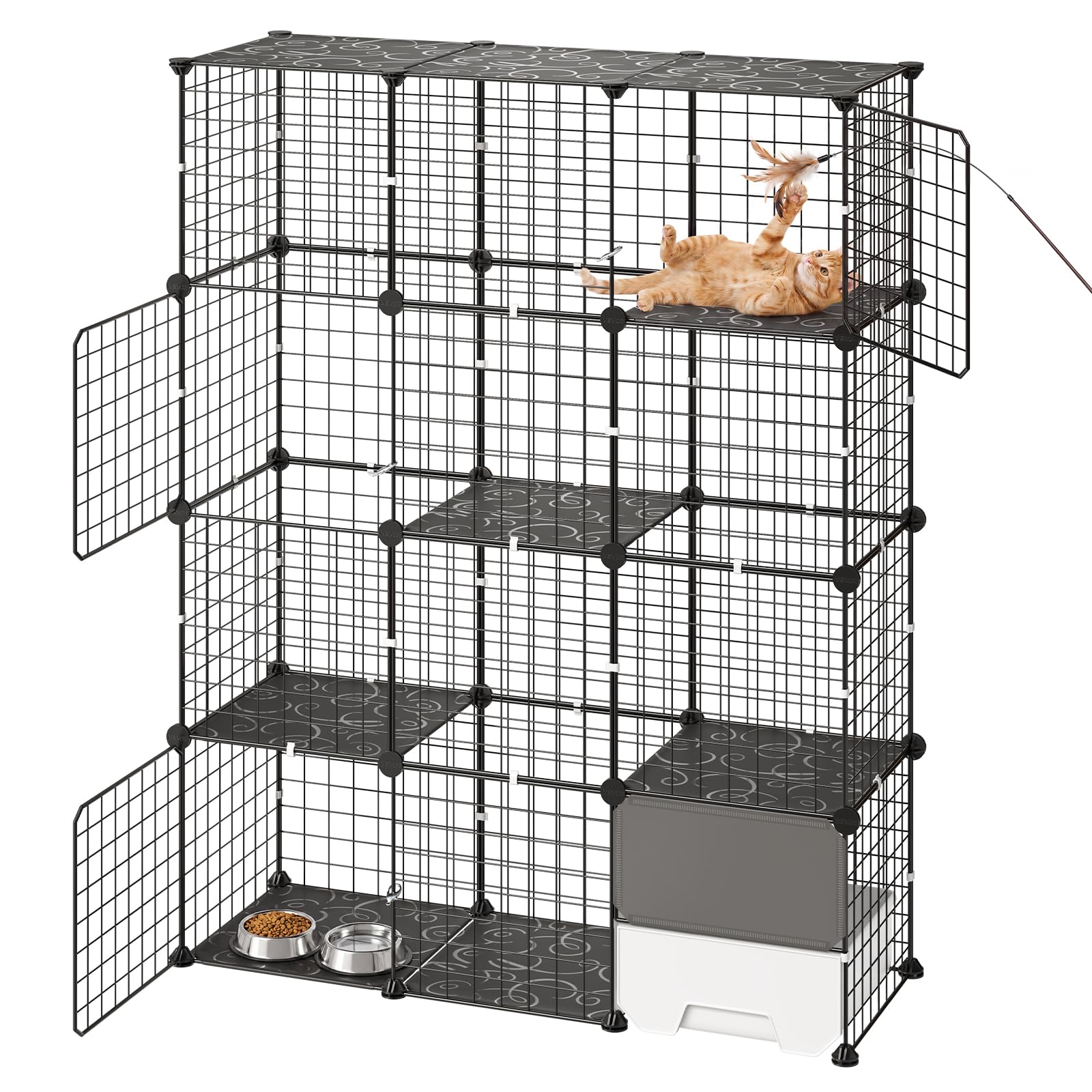 VEVOR Gabbia per Gatti a 4 Livelli 104,1 x 35,5 x 139,7 cm da Interno | Box Fai Da Te con Lettiera, Struttura in Filo Metallico Rimovibile, Colore Nero, 1-2 Gatti Furetti e Animali Piccola Taglia