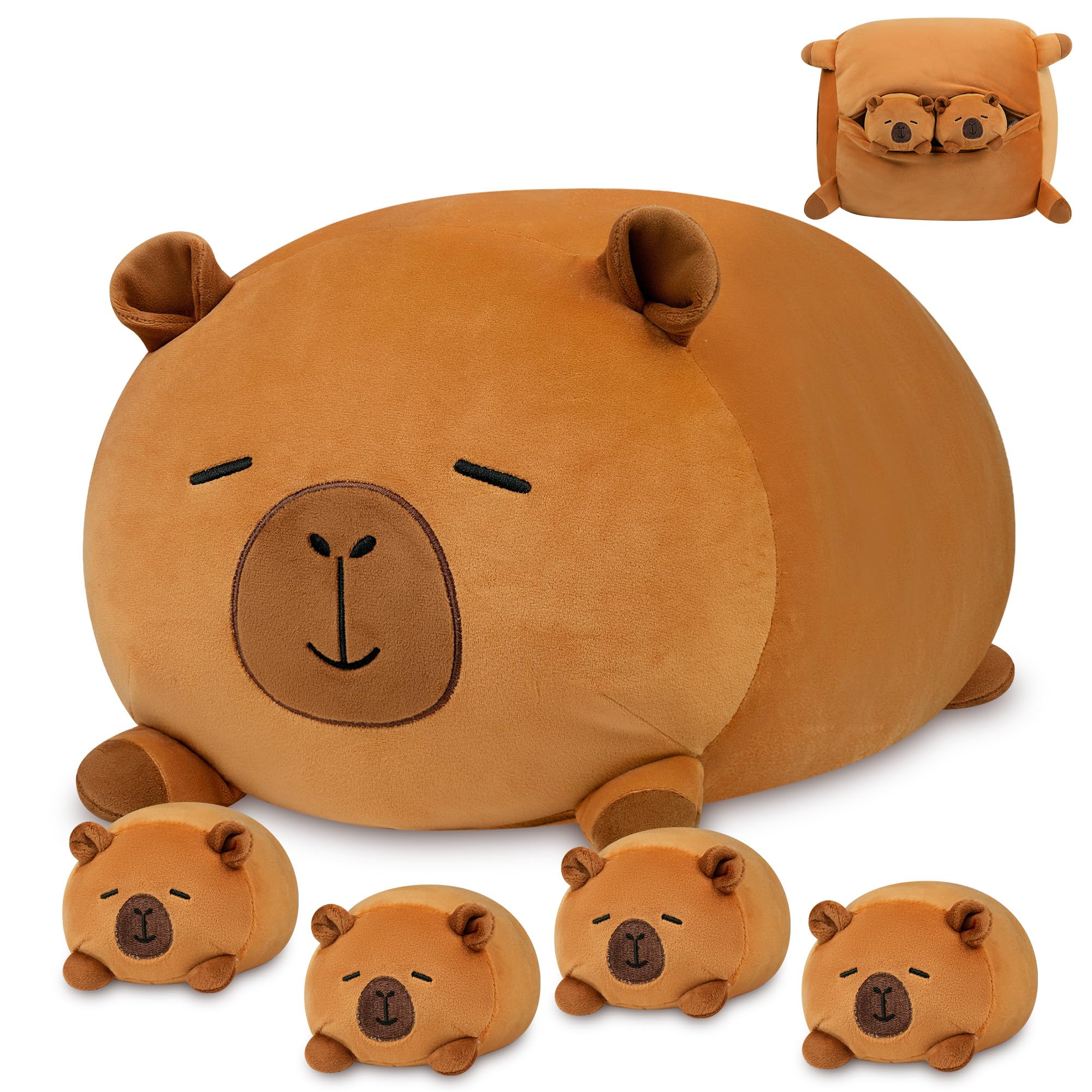 Capybara Plush Soft Stuffed Animal Pillow Toy Capybara Mommy with 4 Baby Plushies Family Set Cute Birthday Gift