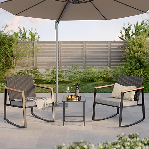 Miniatura 8 de Gizoon 3 Pieces Rocking Patio Bistro Set with Anti-Scald Armrest, Outdoor Patio Wicker Furniture Set with Glass Table and Cushion for Garden, Yard
