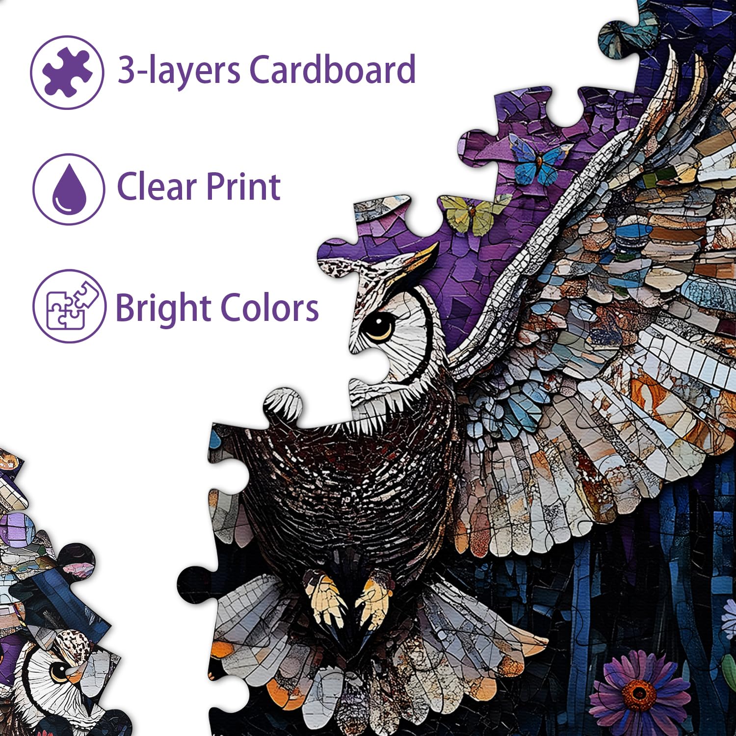 Mosaic Owl Puzzles for Adults 1000 Pieces, PICKFORU Wildflower Plant Forest Bird Puzzle, Impossible Unique Night Moon Flower Theme as Wall Decor - Image 9