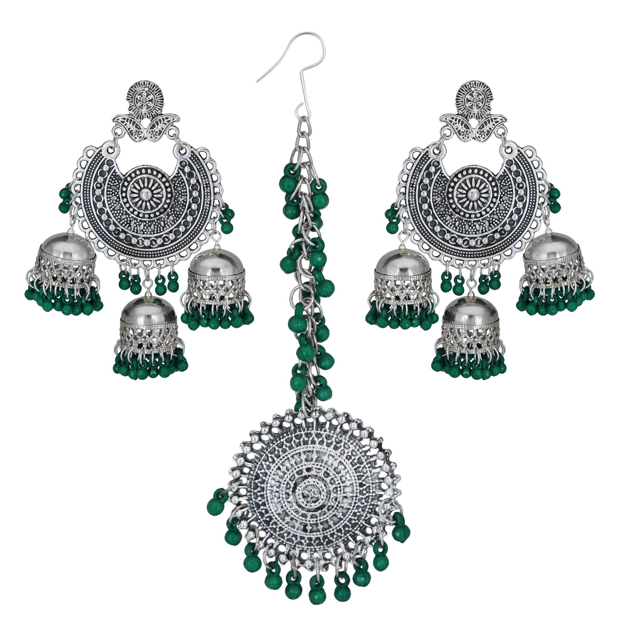 Jwellmart Indian Ethnic Partywear Traditional Oxidized SIlver Beaded Navratri Jhumka Jhumki Earrings with Maang Tikka Combo for Women