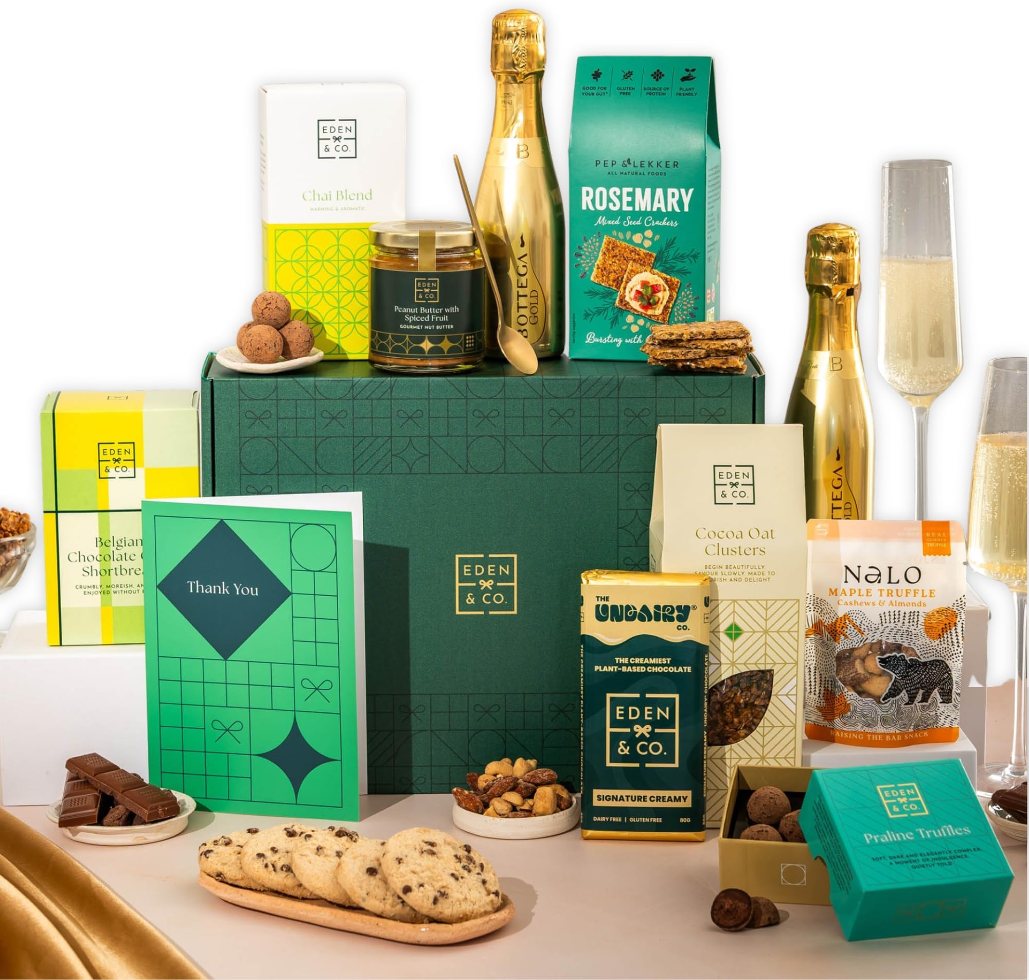 Vegan Hamper with Truffles & Hot Chocolate Set, Thank You Gift Hamper Her Plus 1 Prosecco by EDEN & CO