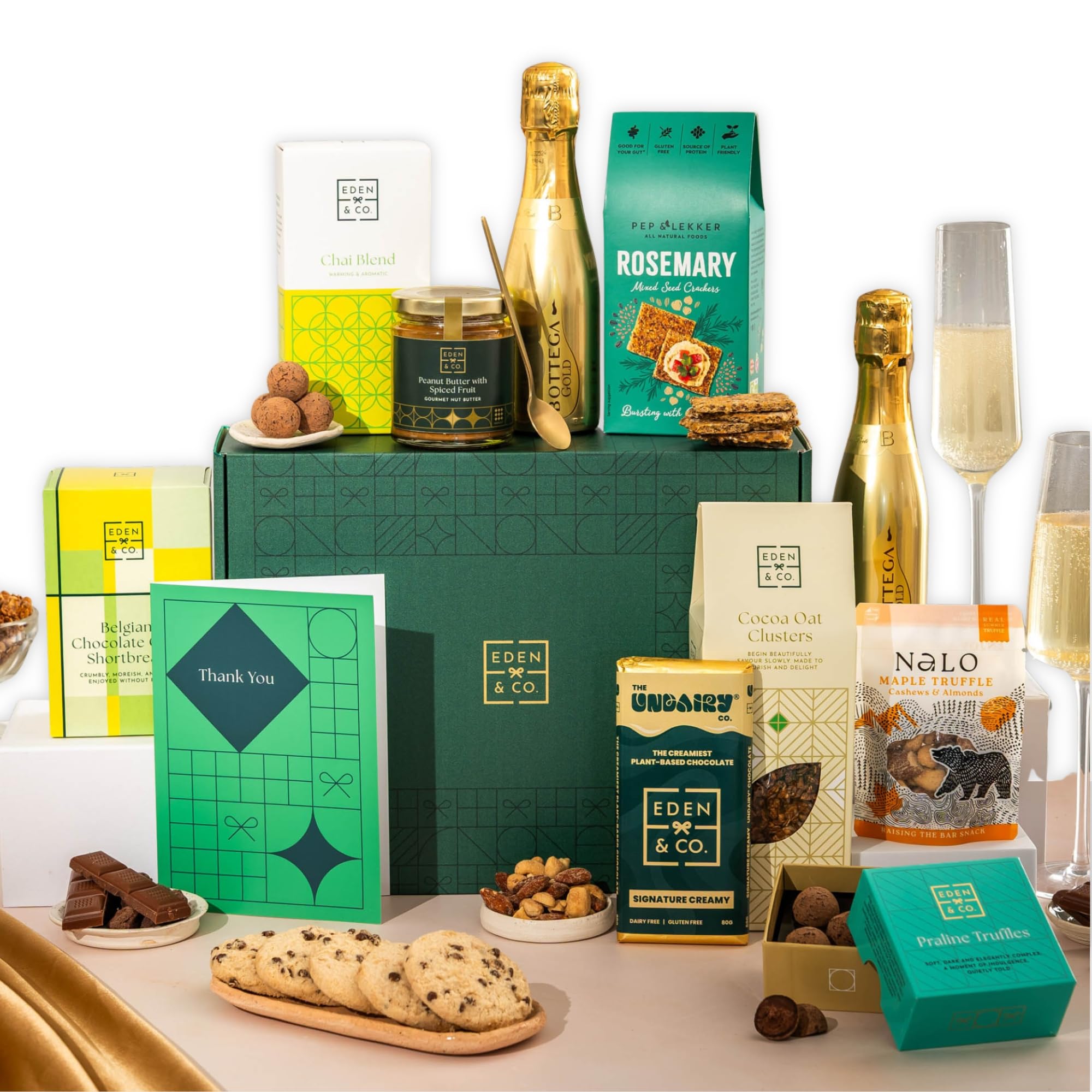 Thank You Vegan Gift Hamper Basket, Luxury Gourmet Gifts for Women, Men, Couples, with Vegan Chocolate by EDEN & CO - Plus 1 Prosecco