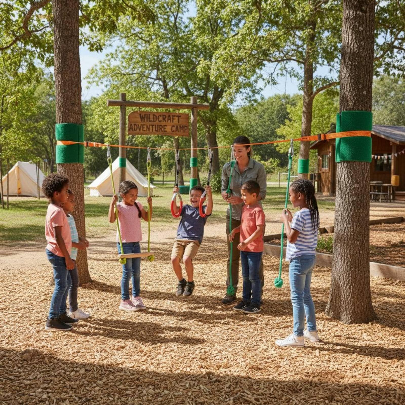 Children Balance Balance Kletterparcours Slackline Trainingsausrüstung Spielset mit Gymringen Kletterseilen Holztraversen Und Baum­Schutz aus
