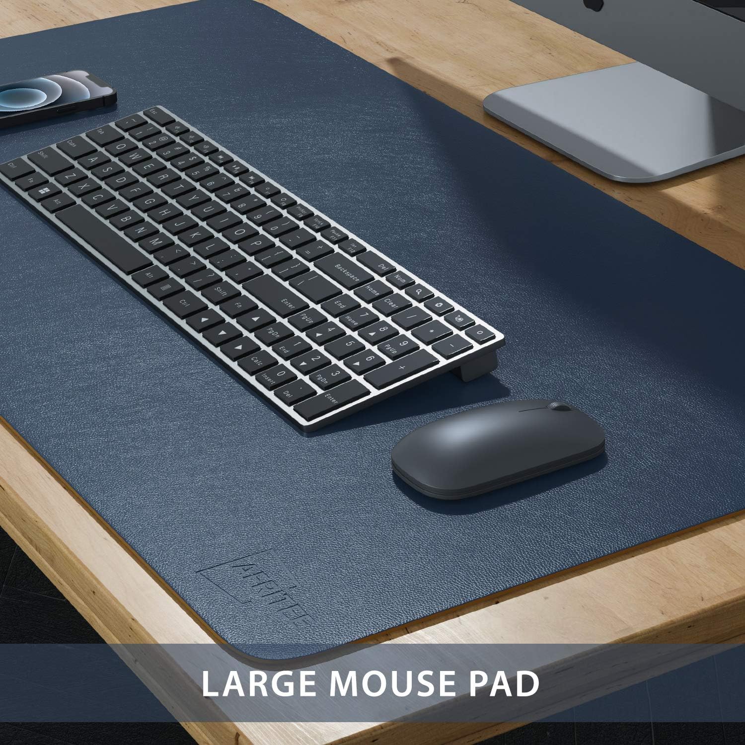 AFRITEE Desk Pad Protector Mat - Dual Side PU Leather Desk Mat Large Mouse Pad Waterproof Desk Organizers Office Home Table Decor Gaming Writing Mat Smooth (Navy Blue/Yellow, 31.5" x 15.7") : Office Products