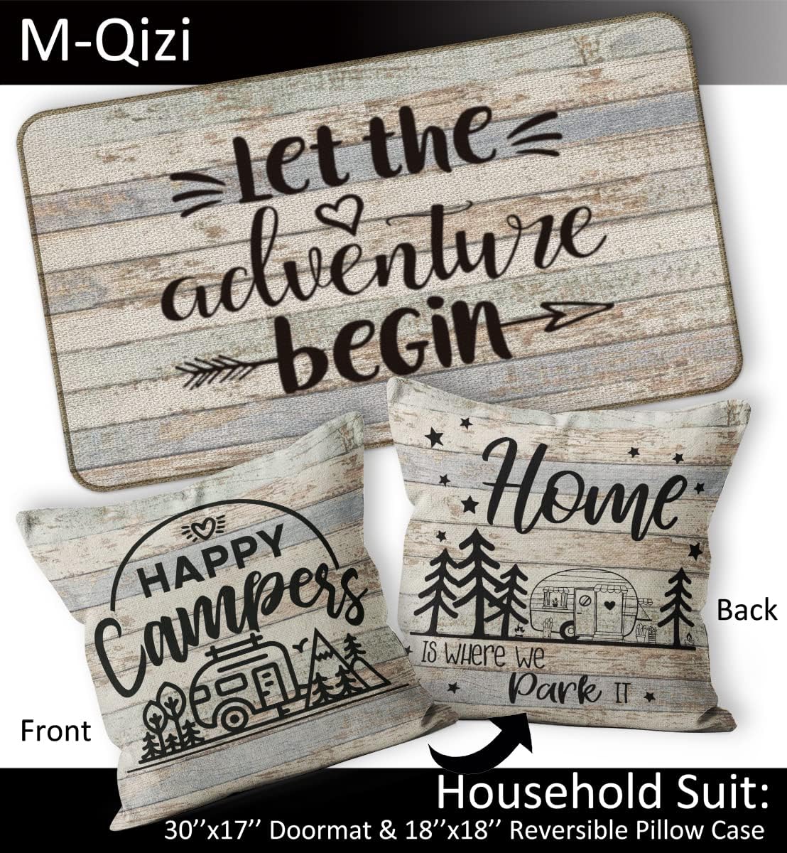 Camping Doormat Pillow Covers Set - 2 Pieces of Set, 18x18 Pillow Cover and 30''x17'' Camper Door Mat, Camping Pillow, Camper Decorations for Inside, RV Gifts, Best Gifts for RV Owners
