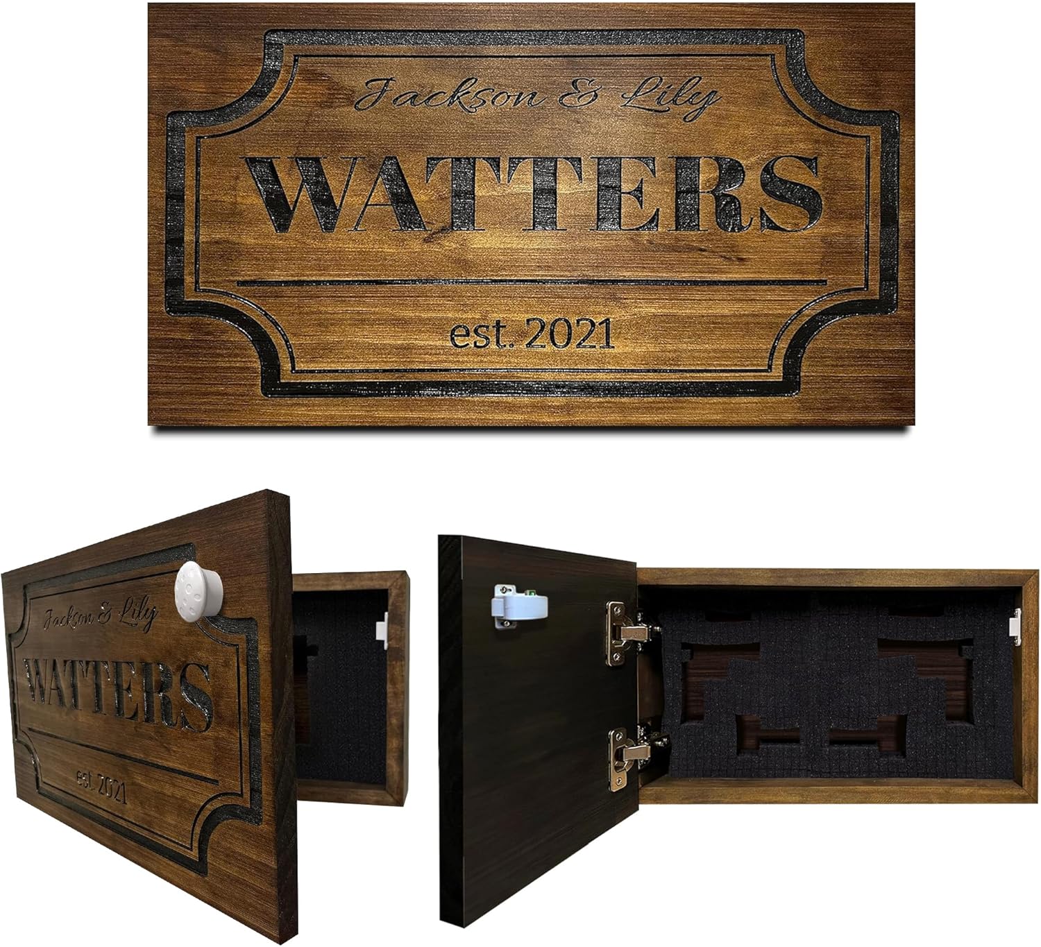 Bellewood Designs Customizable Hidden Gun Storage Wall Decor – Hidden Gun Safe with Family Name & Est Date – Magnetic Locking Concealment Shelf – Gun Concealment Furniture (Provincial)