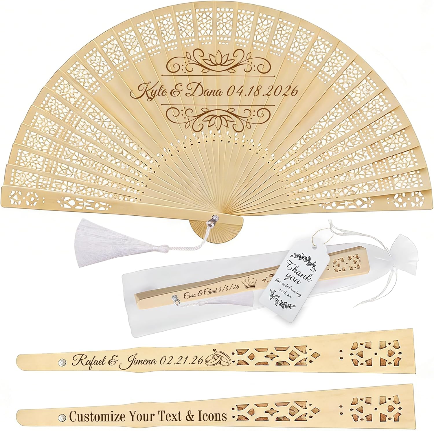 Personalized Fans for Wedding Guests Bulk Custom Wooden Folding Hand Fans Wedding Favors for Guests Wedding Birthday Party Hand Fans Gifts with Organza Bags Tassels (20)