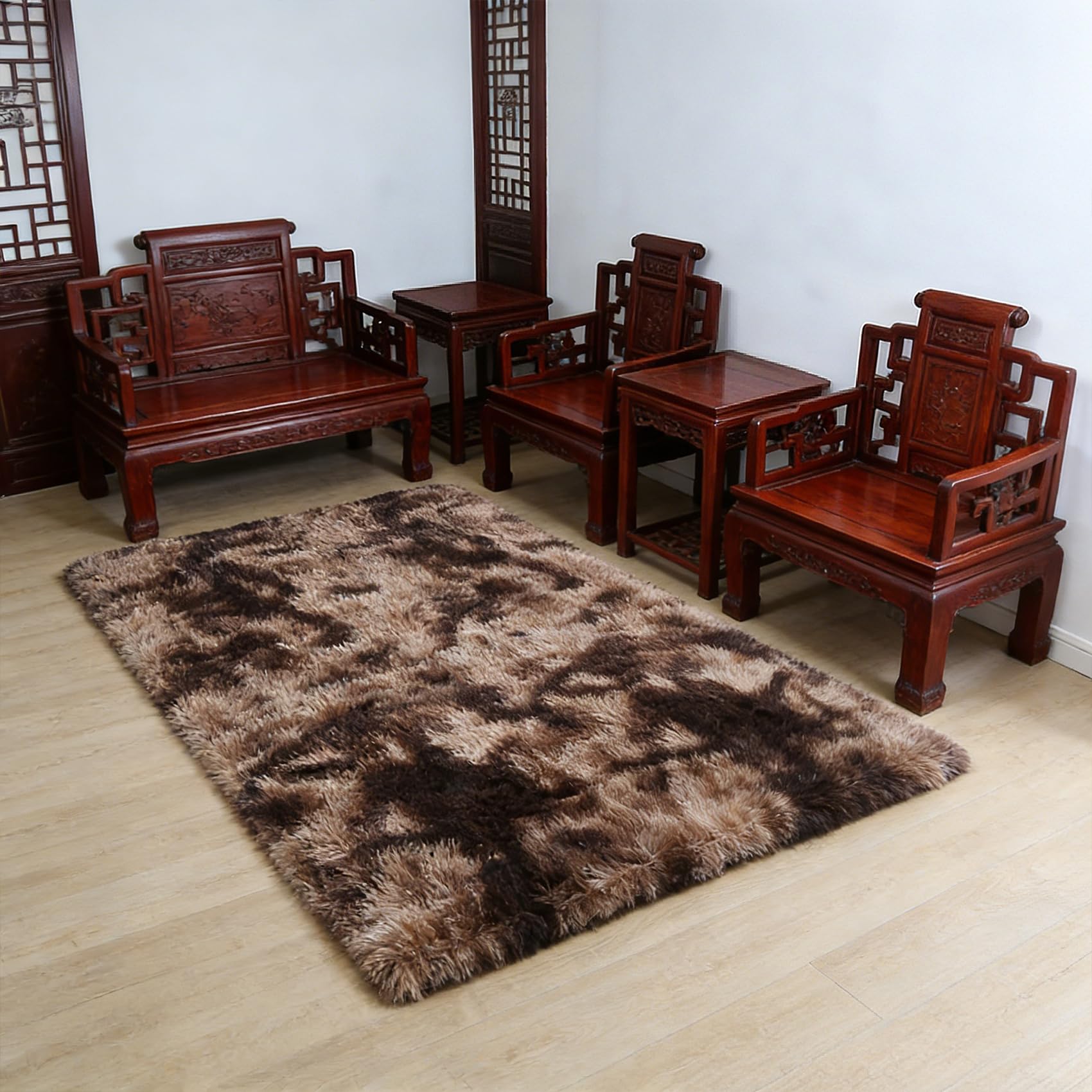 Tapis de sol moelleux shaggy haut confort grand format rectangulaire 270x340 brun