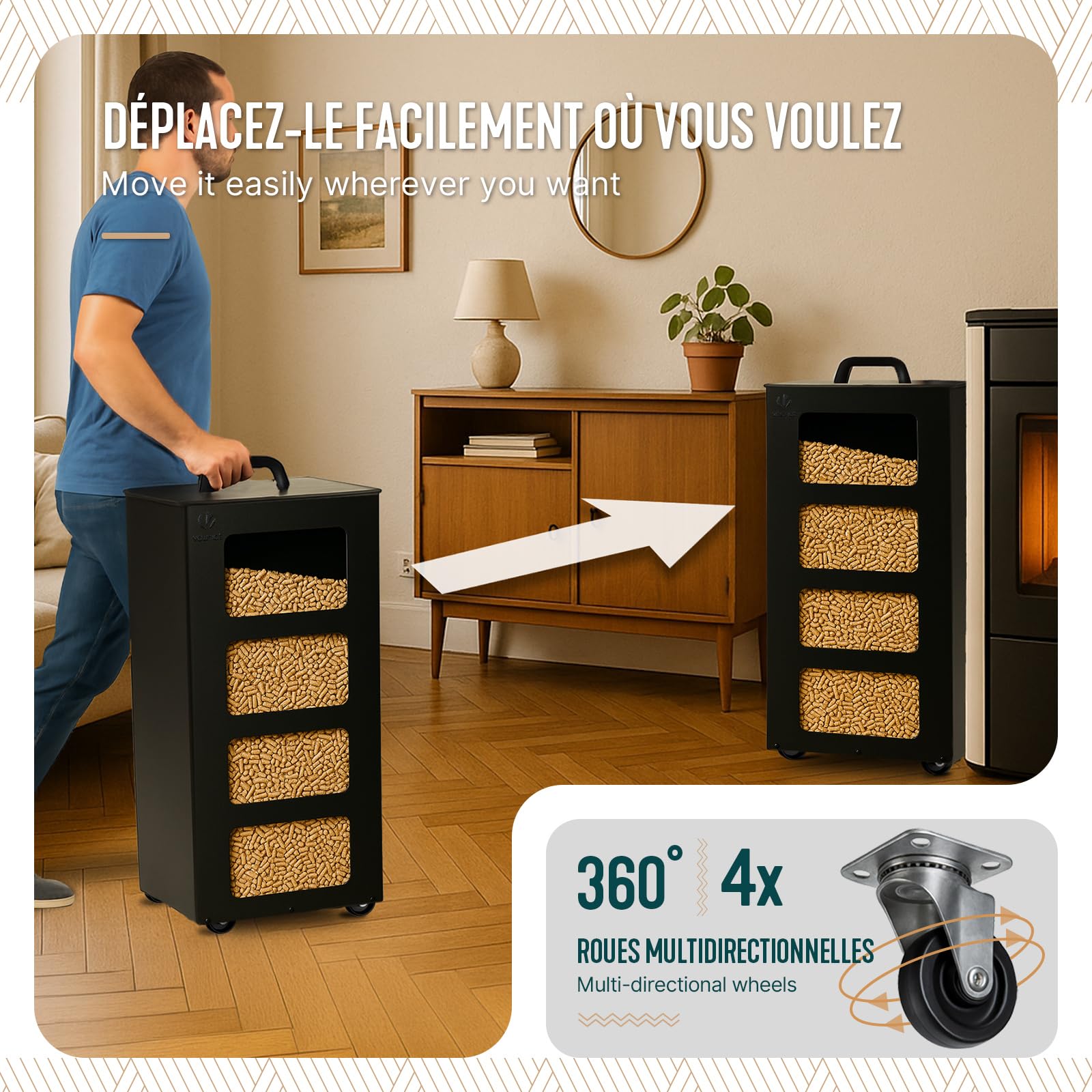 VOUNOT® Porta Pellet da Interno in Metallo con Ruote da 45 kg, Contenitore Pellet con Setaccio Rimovibile e 4 Indicatori Trasparenti di Livello, Scatola per Stufa a Pellet, 36×36×76 cm, Nero