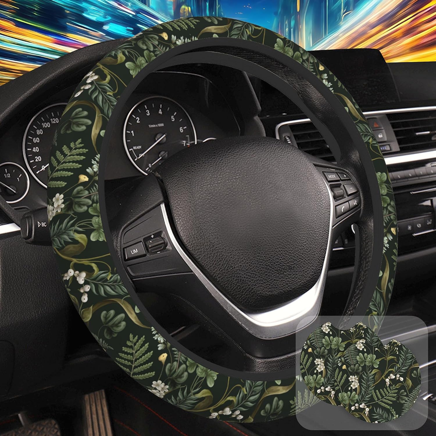 Botanical Flowers Berries Leaves Steering Wheel Cover for Women, Anti-Slip Car Steering Wheel Cover with 2 Pcs Cup Holders Neoprene Breathable Car Accessories Universal 15 Inch Auto Interior Decor