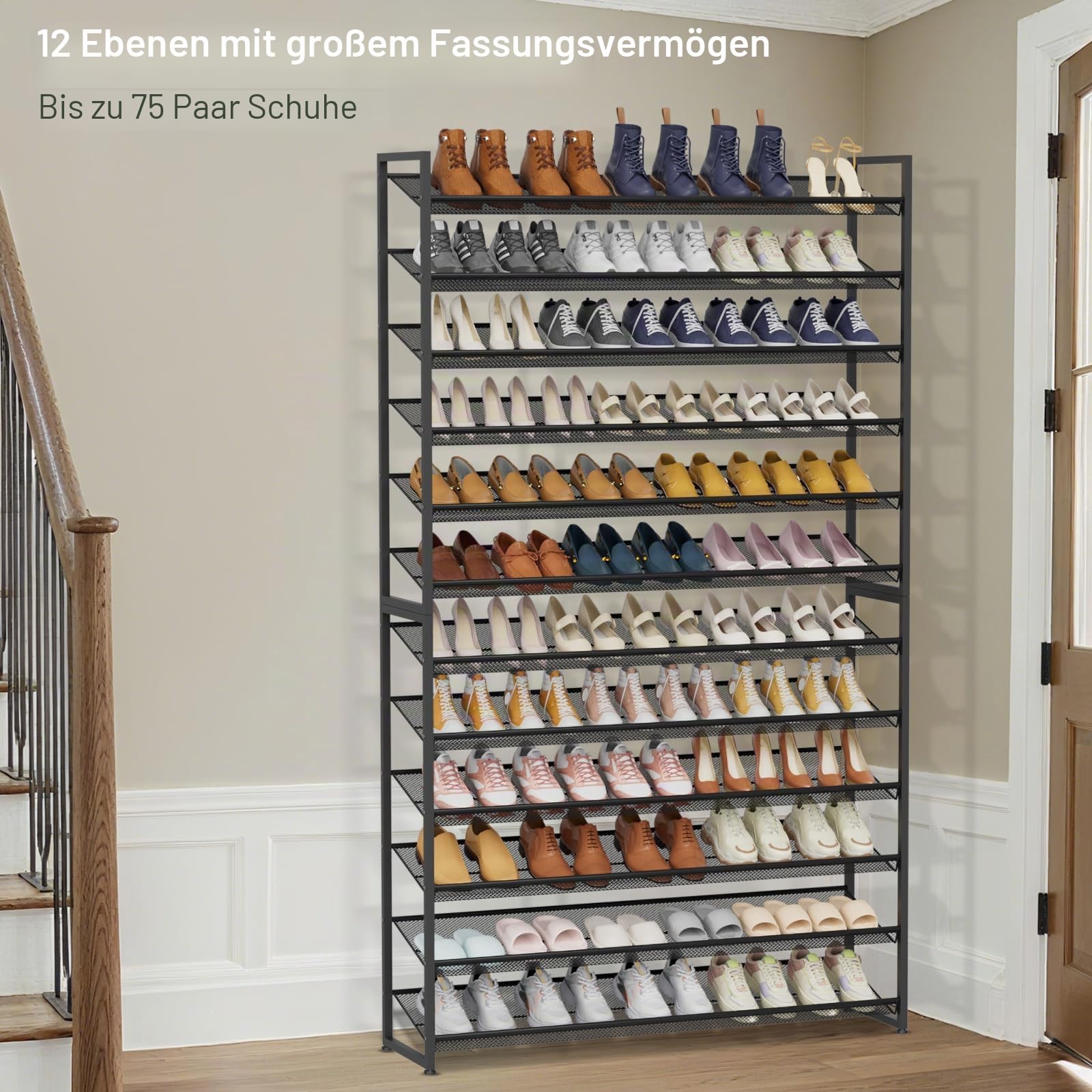 12-stufiger Schuhorganizer, Schwerlast-Metall 6-stufig stapelbares Schuhaufbewahrungs-Vertikalregal für Kleiderschrank, Haustür, Eingang, bis zu 75 Paar, 44,8" B x 11,4" T x 85,1" H, Schwarz