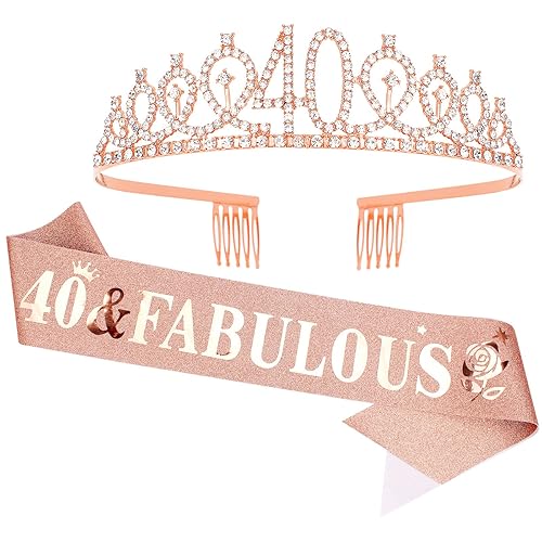 Casoty Juego de diadema y tiara de 40 y fabuloso, oro rosa, para decoraciones de cumpleaños de 40 años, regalos para mujeres, decoraciones de fiesta