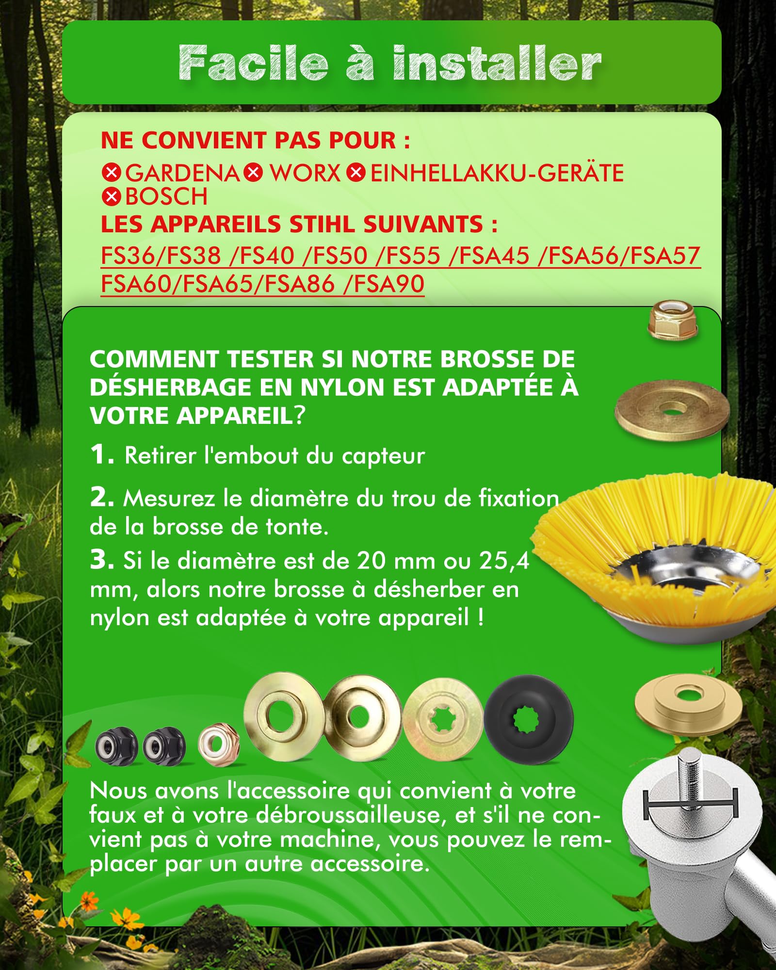 Brosse de désherbage - 200 mm x 25,4 mm - Poils en Nylon - Brosse en Nylon - pour débroussailleuse, débroussailleuse, désherbage et Mousse