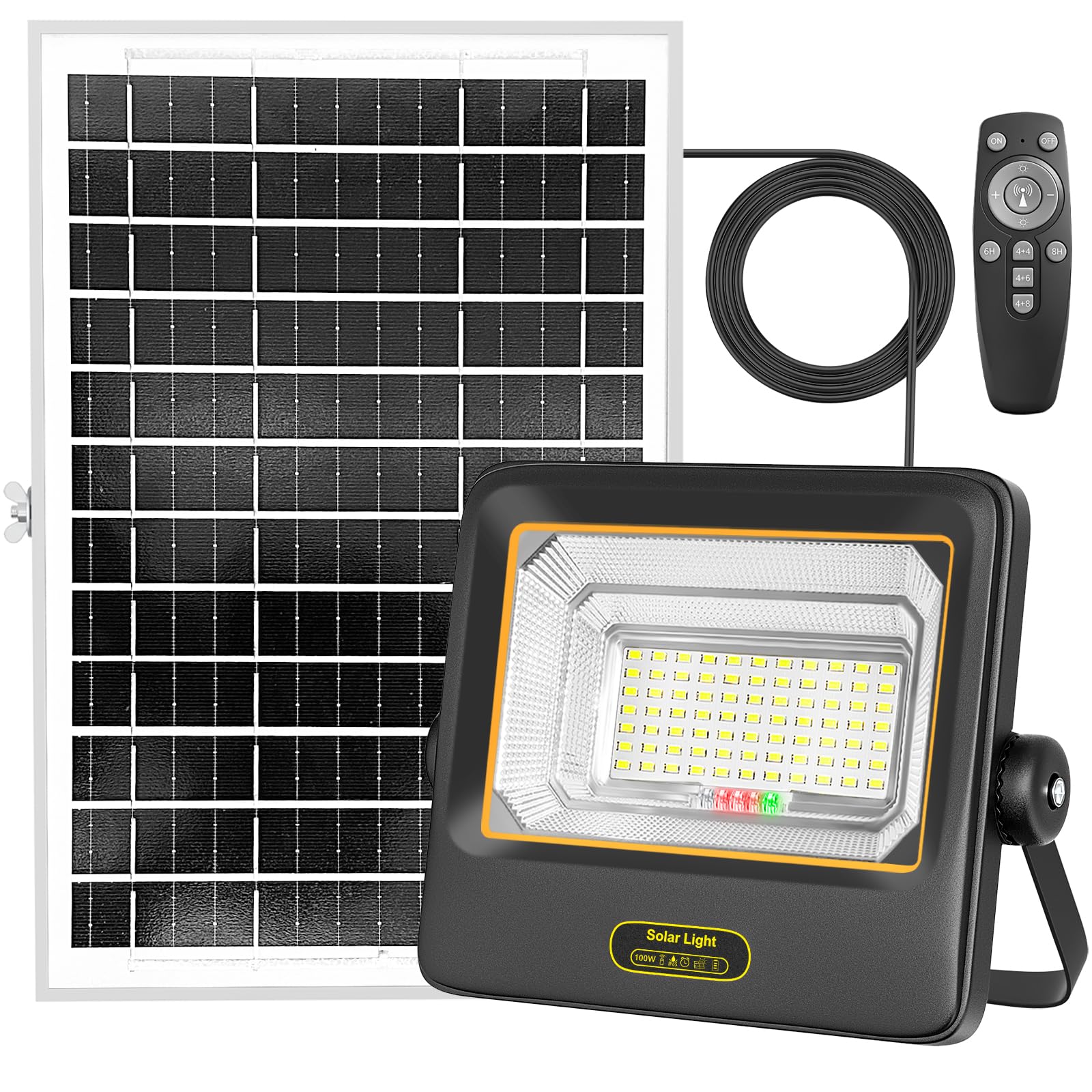 100W Focos LED Exterior Solares con Control Remoto,Indicador de Batería,7 Modos,IP67 a Prueba de Agua con Cable de 4.2m,Luz Solar Exteriorpara Garaje,Jardín,Puerta de Entrada,Patio y Césped