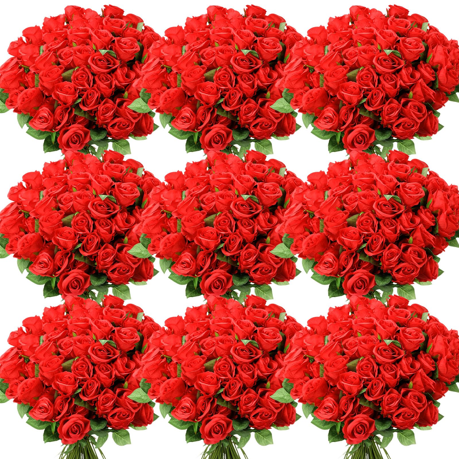 XunYee 300 Pieces Artificial Rose Flower Realistic Silk Roses with Bouquet Stems Plastic DIY Fake Rose Flowers for Wedding Home Centerpieces Party Decorations (Red)
